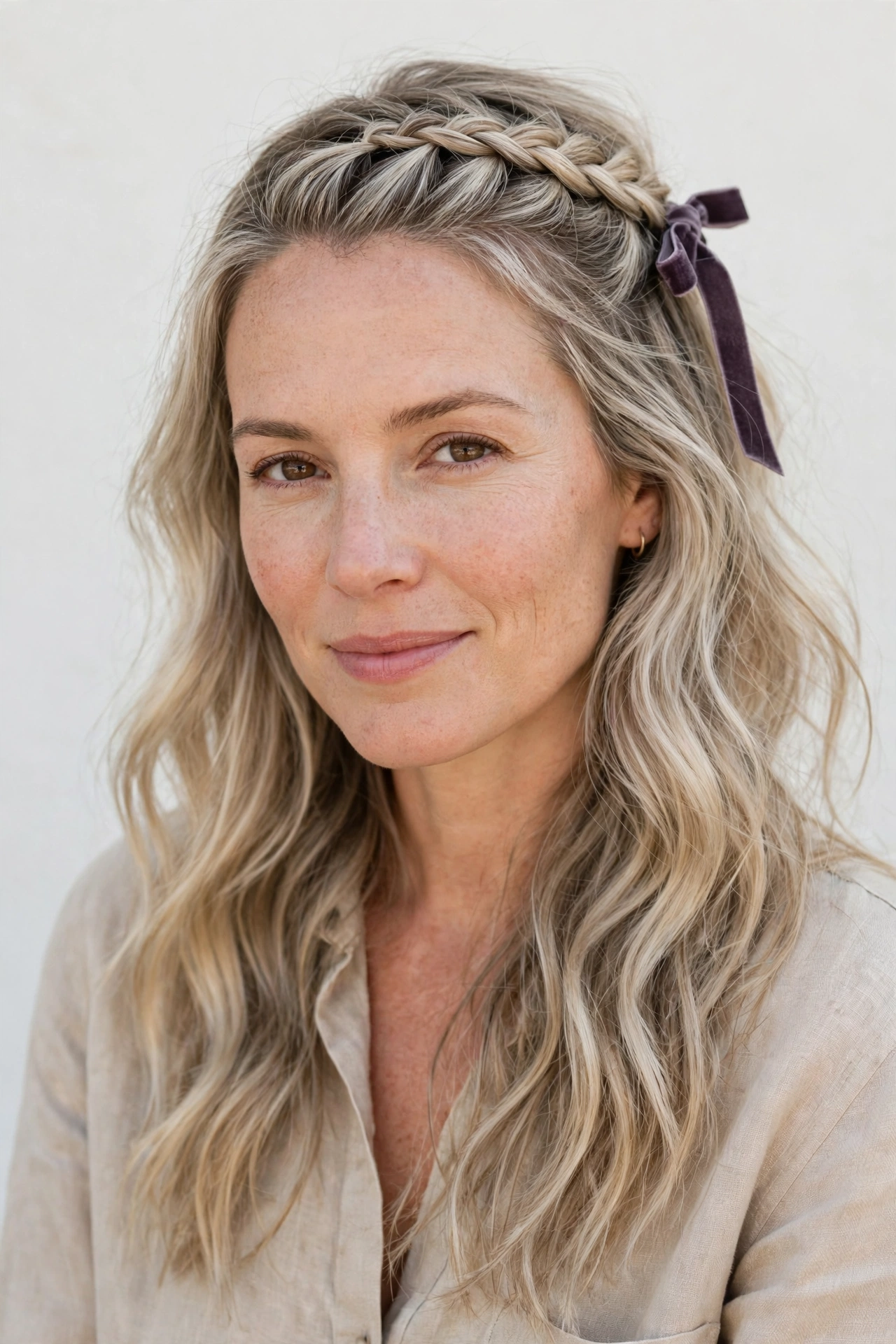 28 Valentine Half Up Hairstyles for Women in Their 30s with a Braided Top Section That Are Romantic, Chic and Easy to Wear 26 Ash Blonde Valentine Half Up Hairstyles with a Braided Top Section with A Slim Velvet Ribbon for A Weekend Outing