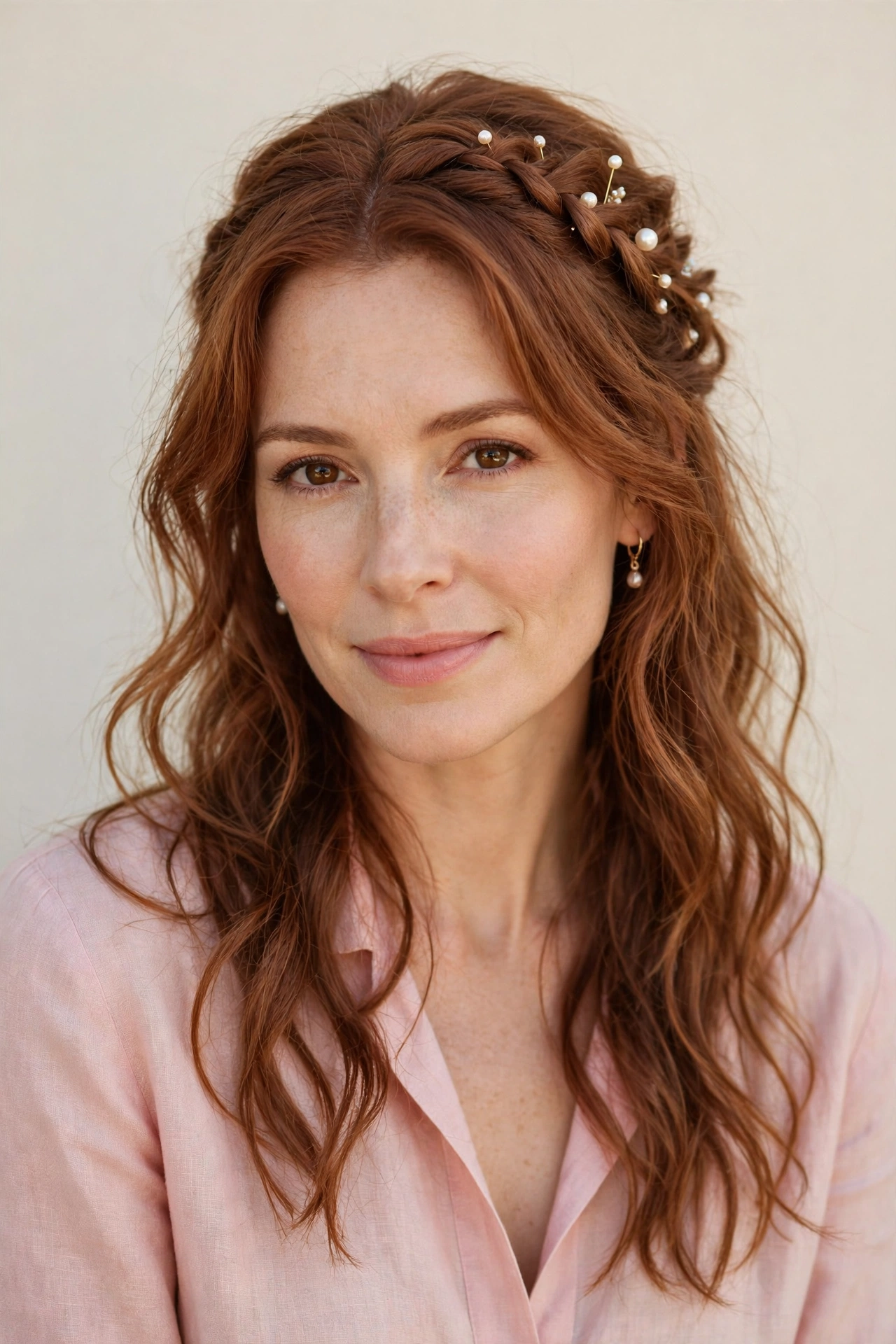 28 Valentine Half Up Hairstyles for Women in Their 30s with a Braided Top Section That Are Romantic, Chic and Easy to Wear 27 Valentine Half Up Hairstyles with a Braided Top Section in soft auburn with a gently tousled finish for A Valentine Dinner