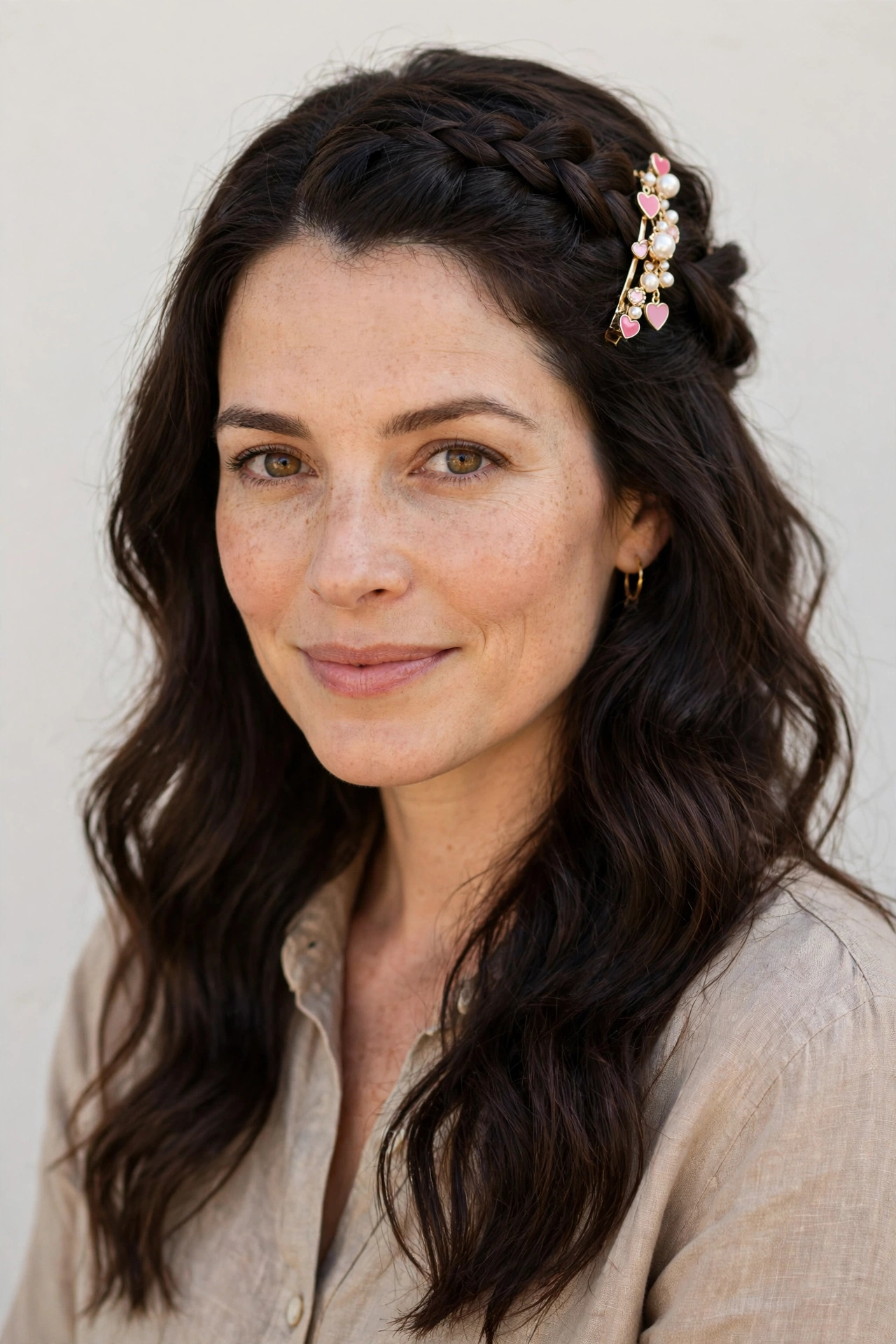 28 Valentine Half Up Hairstyles for Women in Their 30s with a Braided Top Section That Are Romantic, Chic and Easy to Wear 28 Deep Brunette Valentine Half Up Hairstyles with a Braided Top Section with A Pretty Barrette for A Special Lunch
