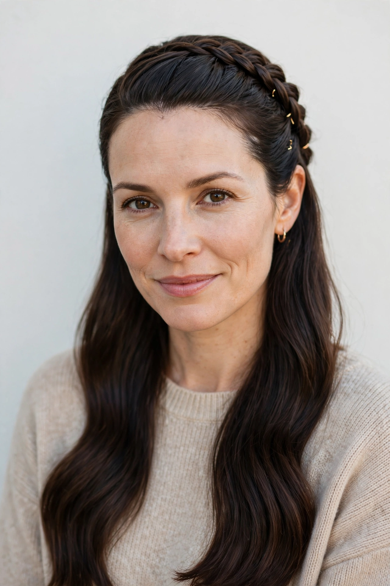 28 Valentine Half Up Hairstyles for Women in Their 30s with a Braided Top Section That Are Romantic, Chic and Easy to Wear 29 Valentine Half Up Hairstyles with a Braided Top Section in dark chocolate with a smooth and polished finish for A Relaxed Evening With Friends