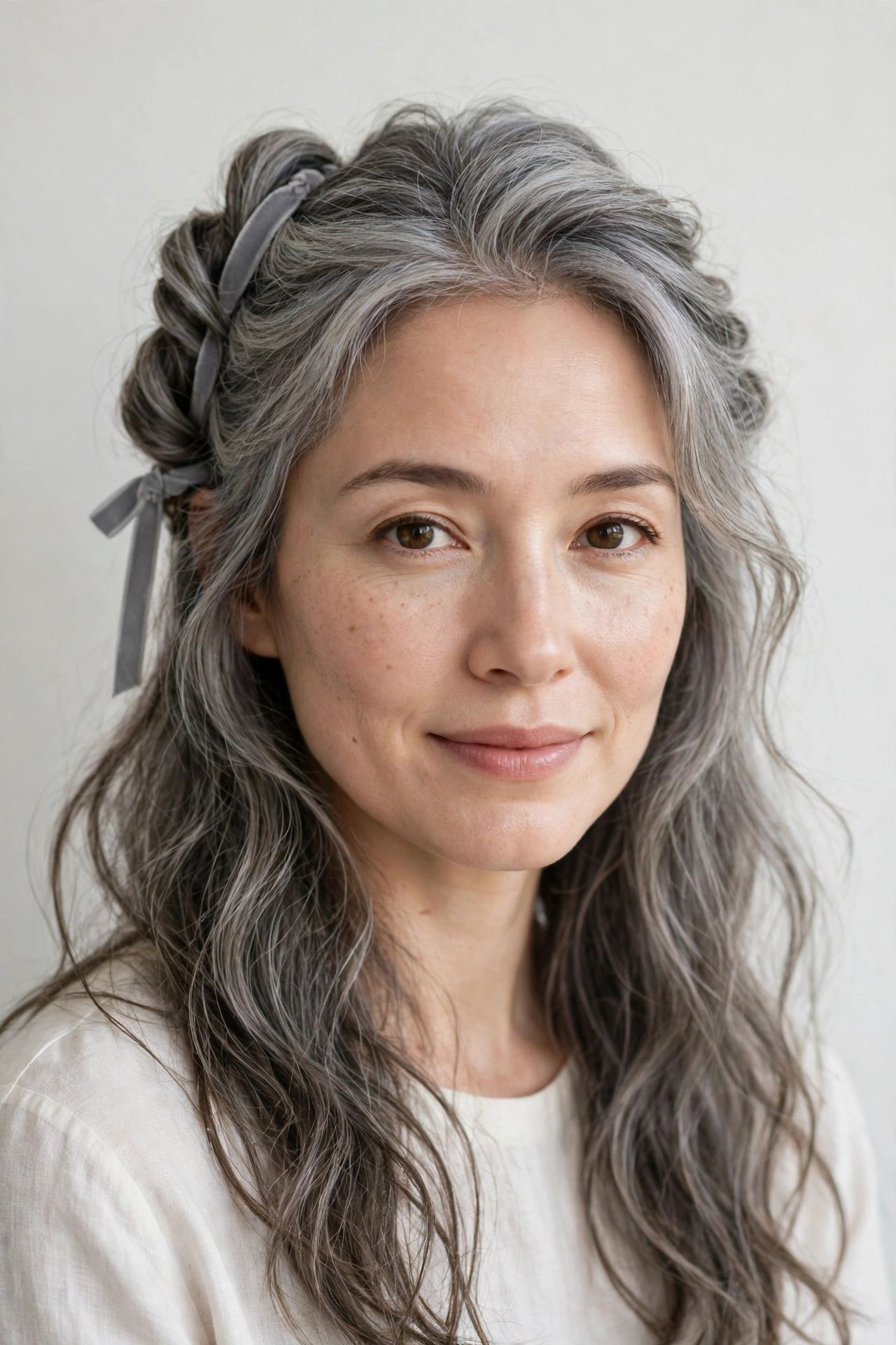 22 Valentine Half Up Hairstyles for Women in Their 30s with Twisted Sections That Are Romantic, Chic and Easy to Wear 2 Soft Grey-Blended Valentine Half Up Hairstyles with Twisted Sections with A Slim Velvet Ribbon