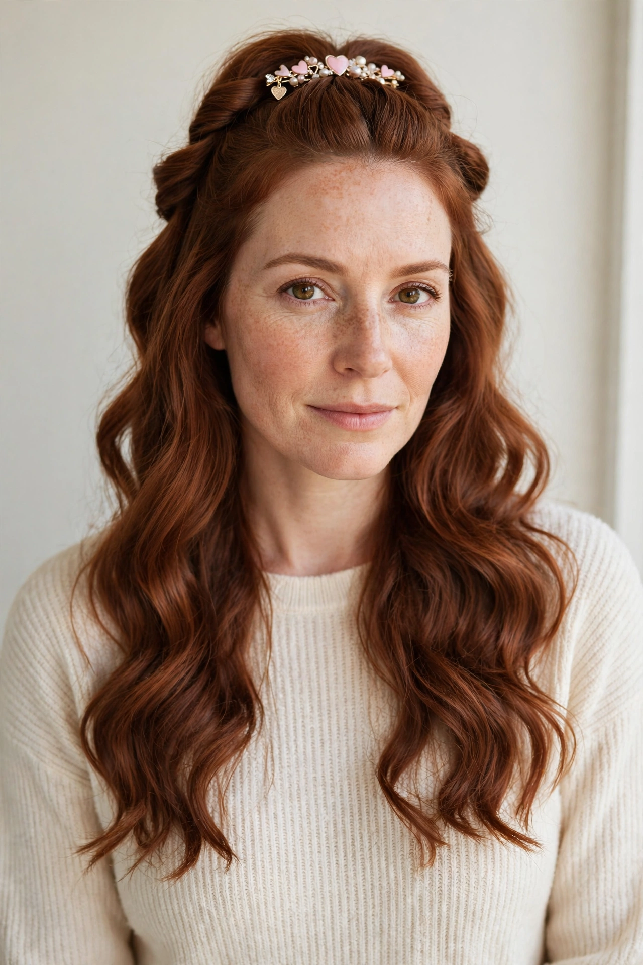 22 Valentine Half Up Hairstyles for Women in Their 30s with Twisted Sections That Are Romantic, Chic and Easy to Wear 4 Soft Auburn Valentine Half Up Hairstyles with Twisted Sections with A Pretty Barrette