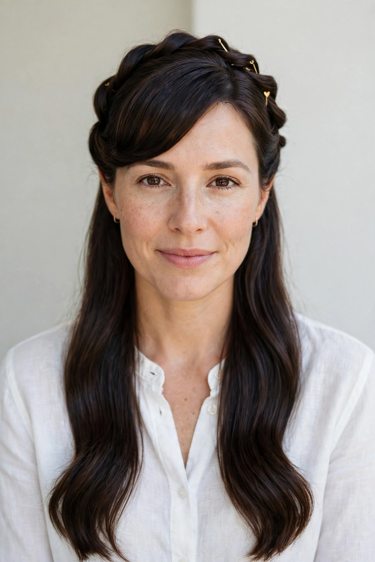 22 Valentine Half Up Hairstyles for Women in Their 30s with Twisted Sections That Are Romantic, Chic and Easy to Wear 5 Valentine Half Up Hairstyles with Twisted Sections in deep brunette with a sleek with shine finish