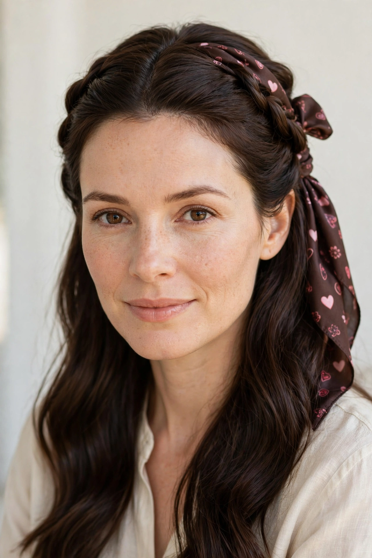 22 Valentine Half Up Hairstyles for Women in Their 30s with Twisted Sections That Are Romantic, Chic and Easy to Wear 6 Dark Chocolate Valentine Half Up Hairstyles with Twisted Sections with A Silk Scarf Accent