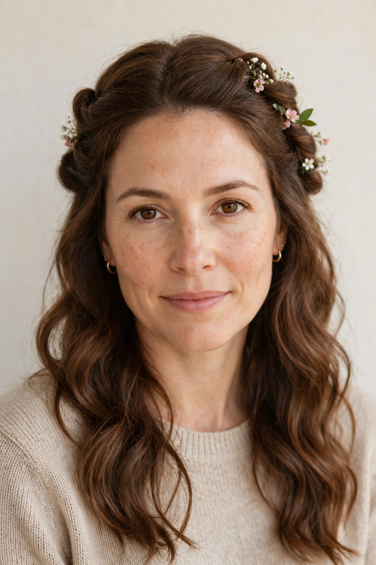 22 Valentine Half Up Hairstyles for Women in Their 30s with Twisted Sections That Are Romantic, Chic and Easy to Wear 7 Valentine Half Up Hairstyles with Twisted Sections in warm brown with a softly waved finish