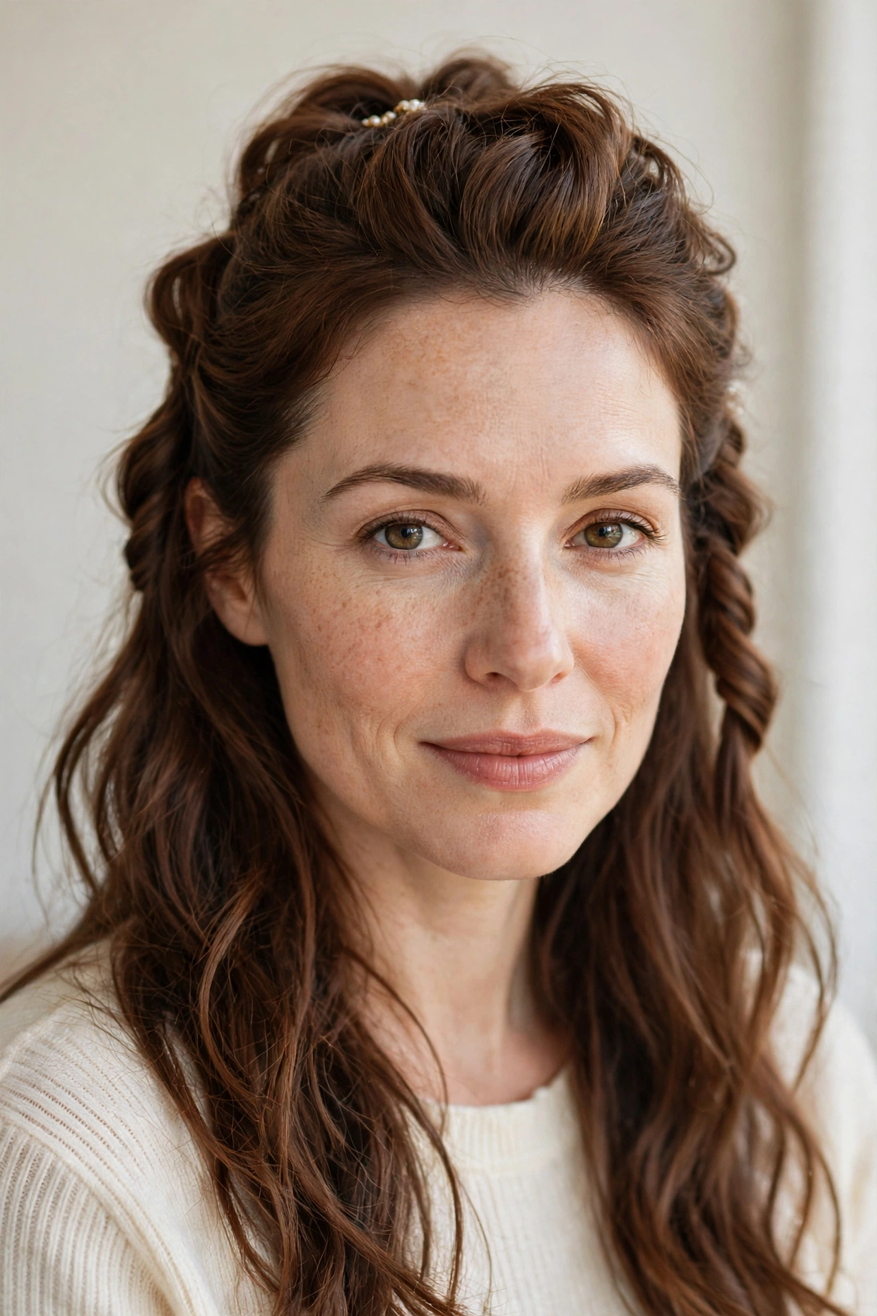 22 Valentine Half Up Hairstyles for Women in Their 30s with Twisted Sections That Are Romantic, Chic and Easy to Wear 8 Chestnut Valentine Half Up Hairstyles with Twisted Sections with A Dainty Hair Clip