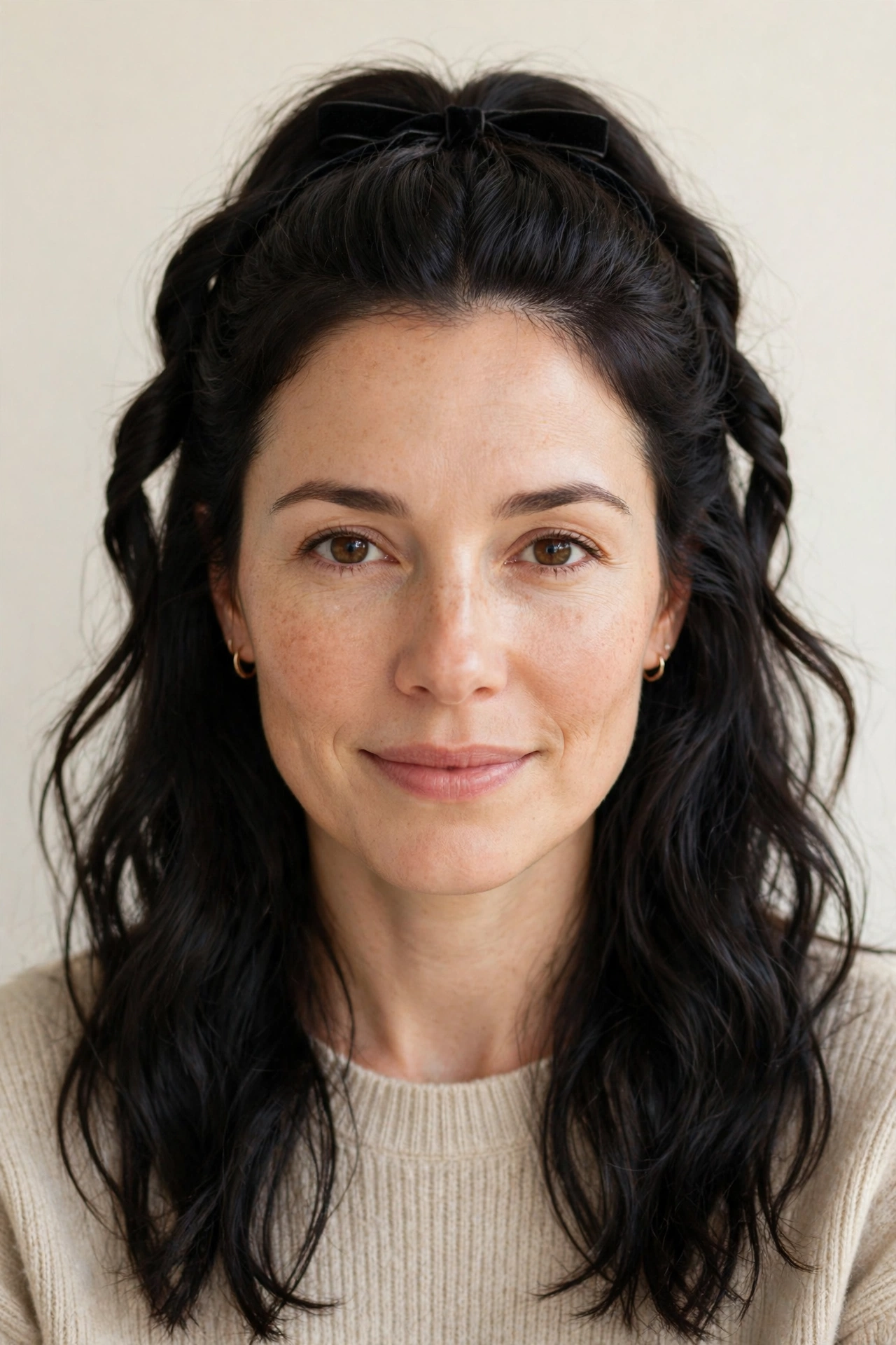 22 Valentine Half Up Hairstyles for Women in Their 30s with Twisted Sections That Are Romantic, Chic and Easy to Wear 10 Soft Black Valentine Half Up Hairstyles with Twisted Sections with A Slim Velvet Ribbon