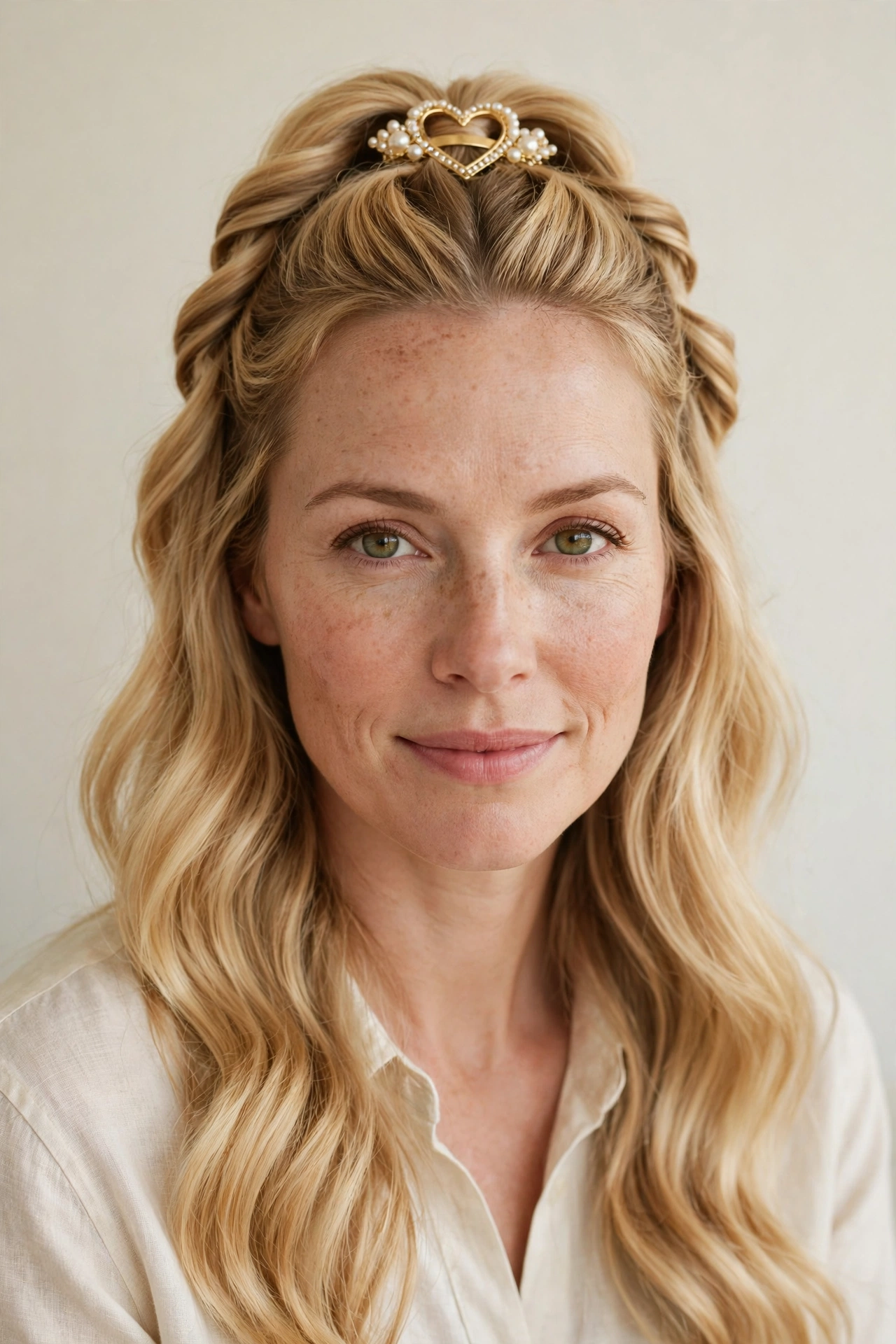 22 Valentine Half Up Hairstyles for Women in Their 30s with Twisted Sections That Are Romantic, Chic and Easy to Wear 12 Golden Blonde Valentine Half Up Hairstyles with Twisted Sections with A Pretty Barrette