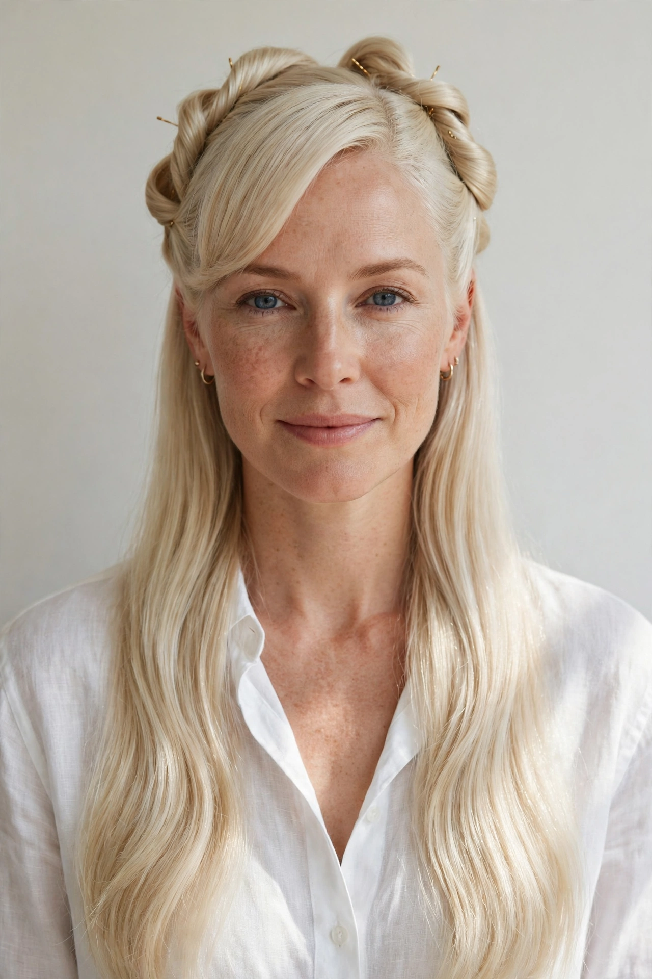 22 Valentine Half Up Hairstyles for Women in Their 30s with Twisted Sections That Are Romantic, Chic and Easy to Wear 13 Valentine Half Up Hairstyles with Twisted Sections in platinum blonde with a sleek with shine finish