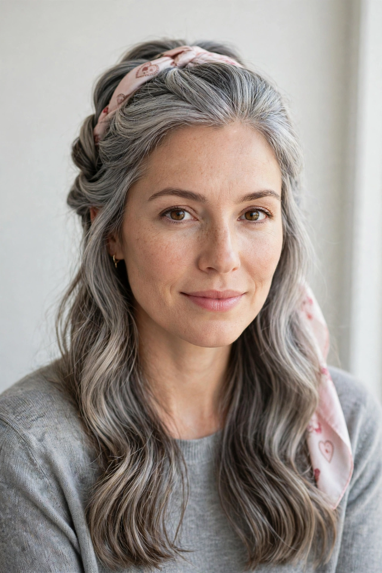 22 Valentine Half Up Hairstyles for Women in Their 30s with Twisted Sections That Are Romantic, Chic and Easy to Wear 14 Soft Grey-Blended Valentine Half Up Hairstyles with Twisted Sections with A Silk Scarf Accent