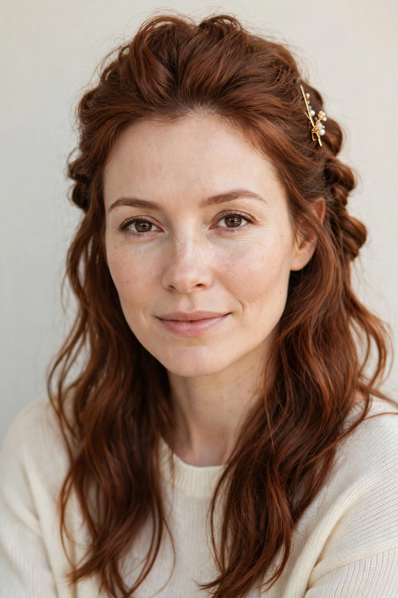 22 Valentine Half Up Hairstyles for Women in Their 30s with Twisted Sections That Are Romantic, Chic and Easy to Wear 16 Soft Auburn Valentine Half Up Hairstyles with Twisted Sections with A Dainty Hair Clip