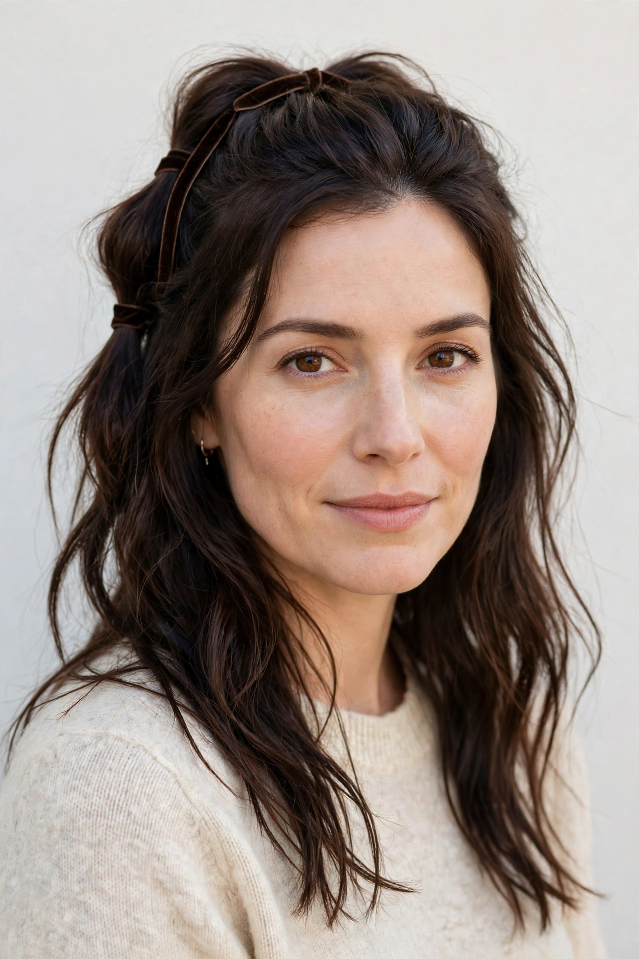 22 Valentine Half Up Hairstyles for Women in Their 30s with Twisted Sections That Are Romantic, Chic and Easy to Wear 18 Dark Chocolate Valentine Half Up Hairstyles with Twisted Sections with A Slim Velvet Ribbon