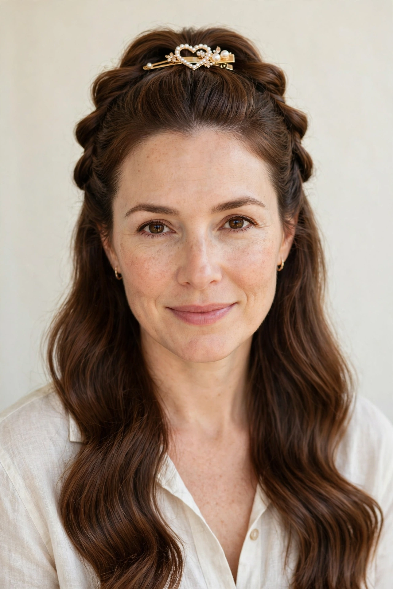 22 Valentine Half Up Hairstyles for Women in Their 30s with Twisted Sections That Are Romantic, Chic and Easy to Wear 20 Chestnut Valentine Half Up Hairstyles with Twisted Sections with A Pretty Barrette