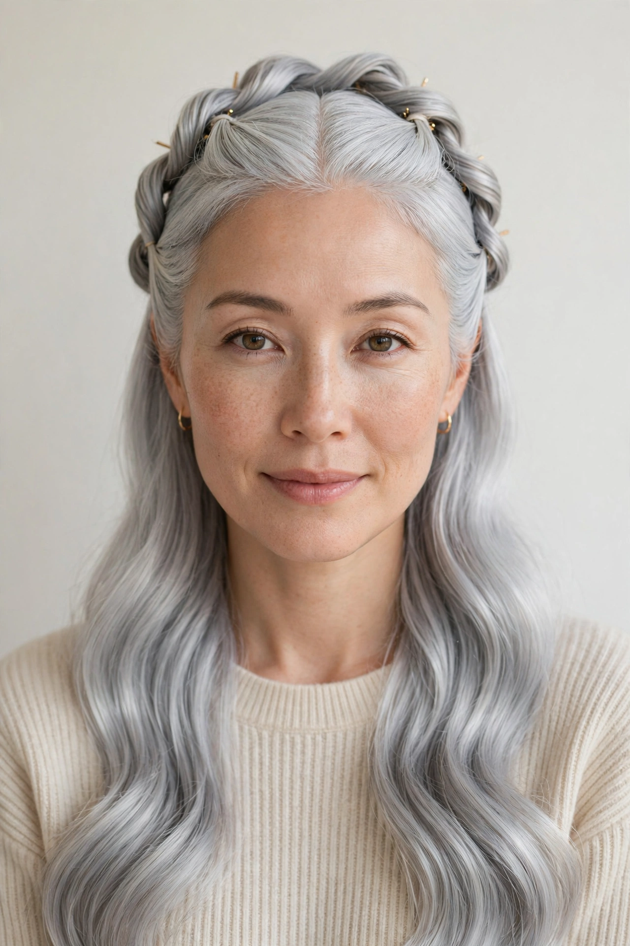 22 Valentine Half Up Hairstyles for Women in Their 30s with Twisted Sections That Are Romantic, Chic and Easy to Wear 21 Valentine Half Up Hairstyles with Twisted Sections in silver with a sleek with shine finish