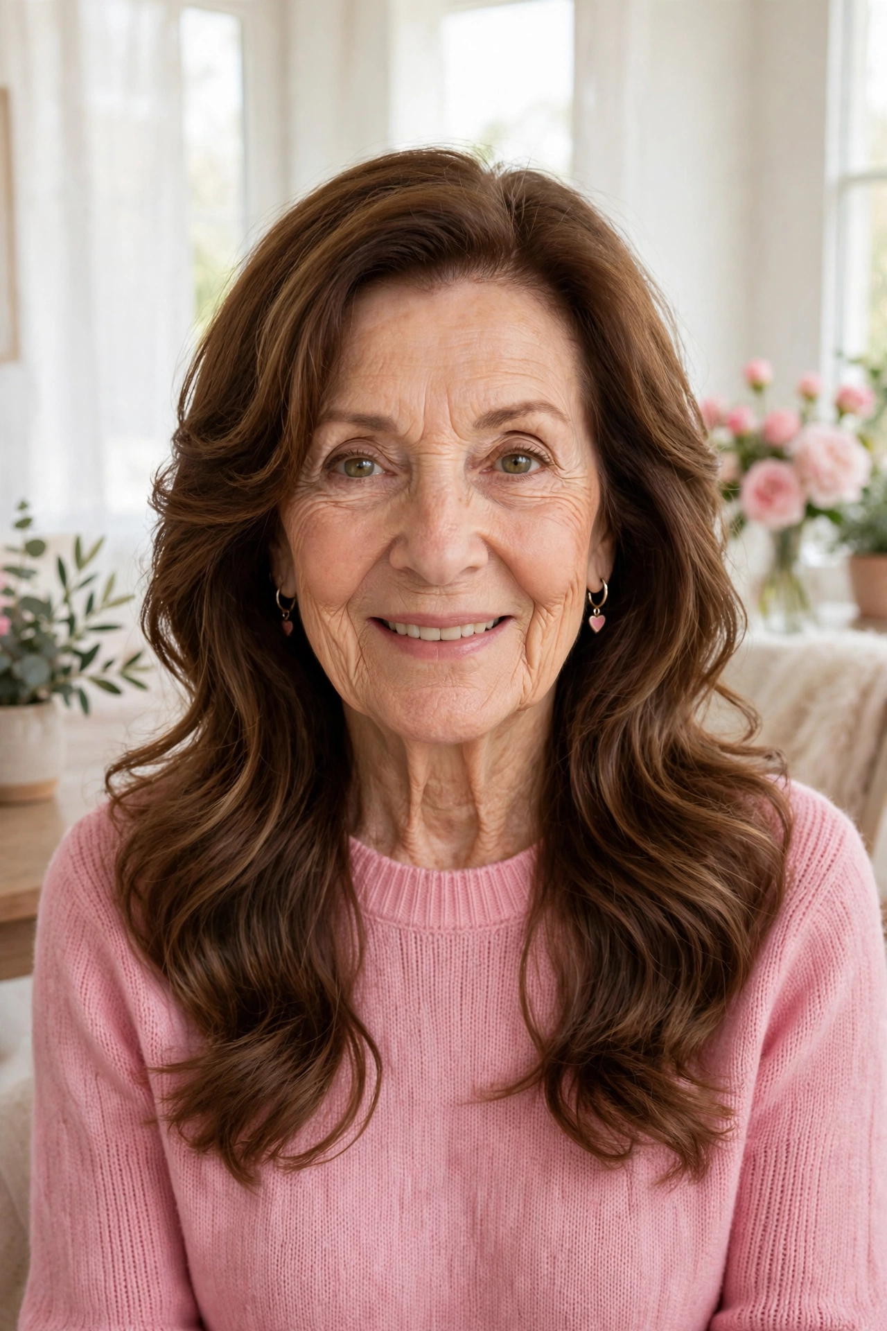 soft waves with face-framing layers in chestnut brown with side part
