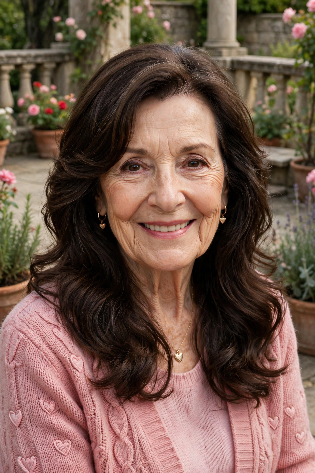 soft waves with face-framing layers in dark chocolate brown with side part