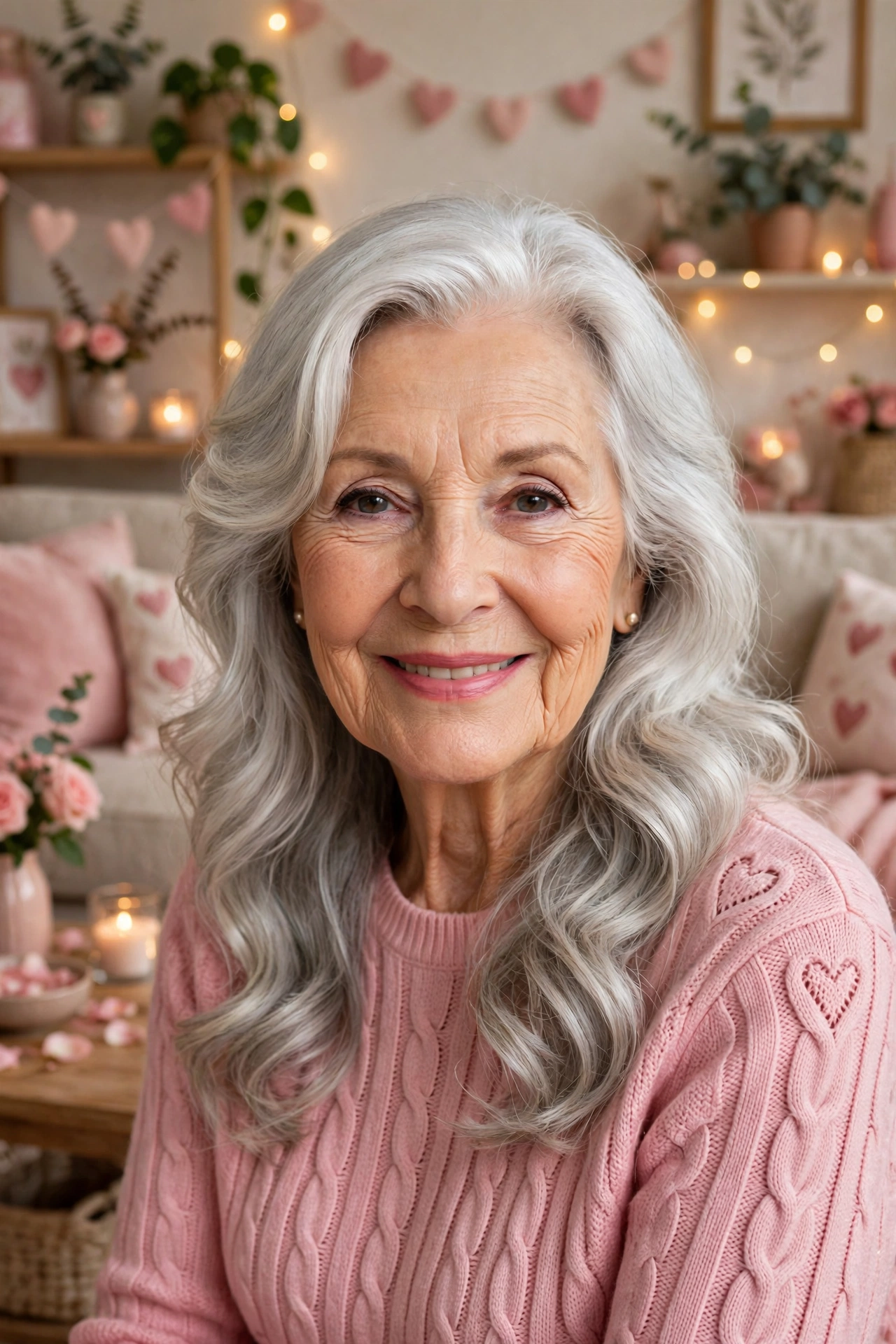 soft silver waves with face framing in bright silver with side part