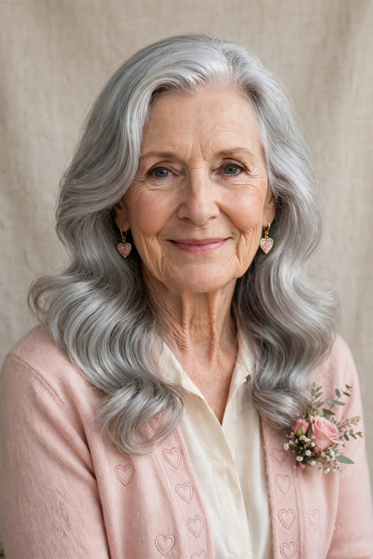 soft silver waves with a side part in soft silver grey with glossy finish