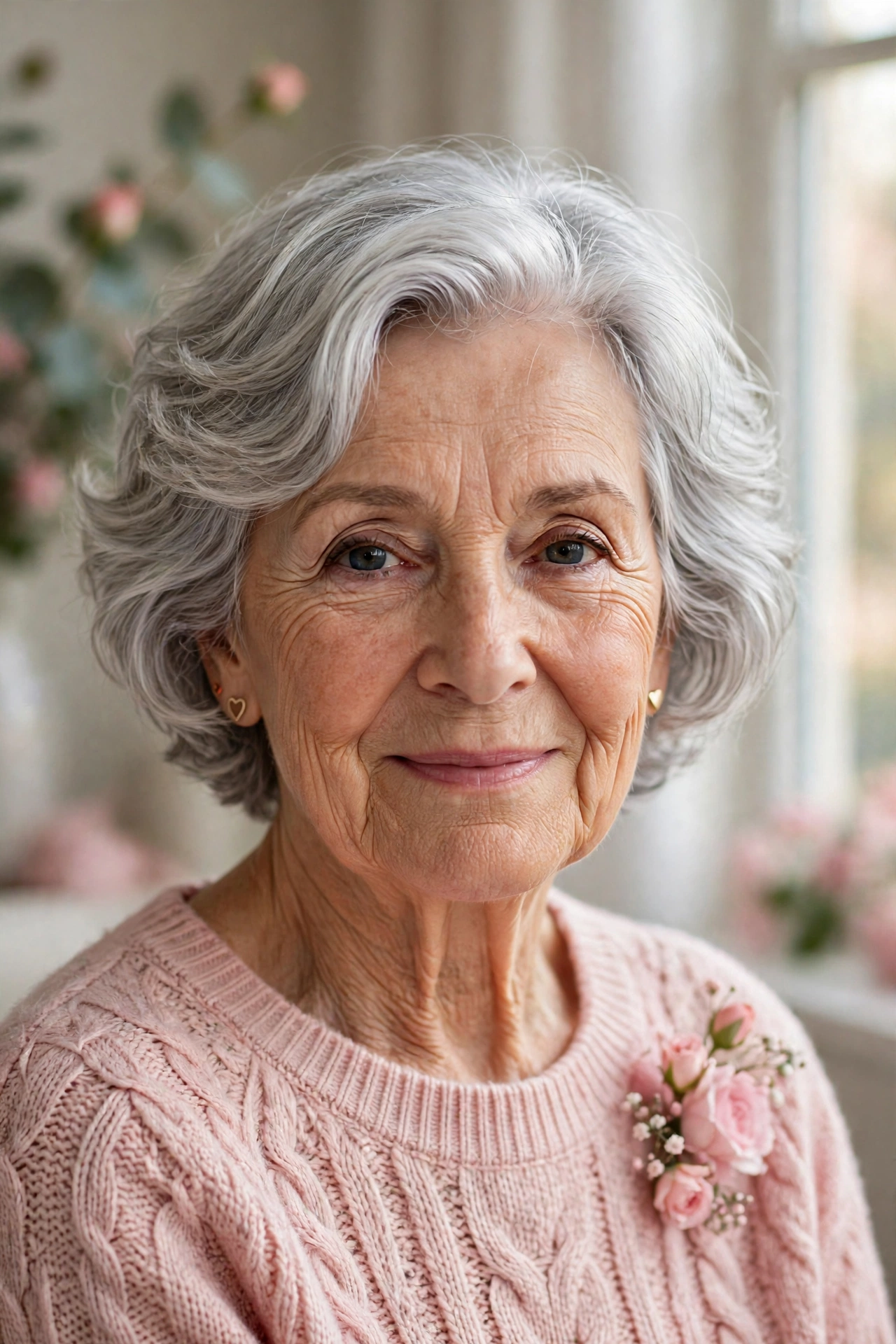 soft silver waves with a short cut in soft silver grey with side part