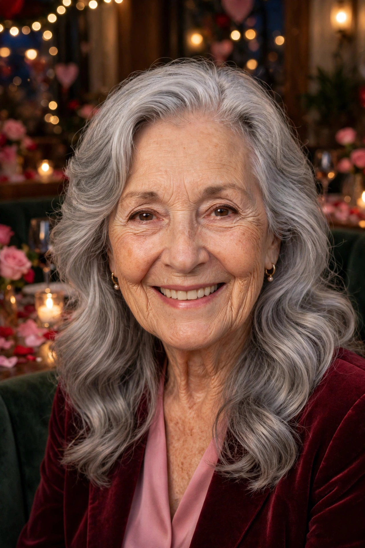 soft silver waves with a side part in smoky silver with celebration glow