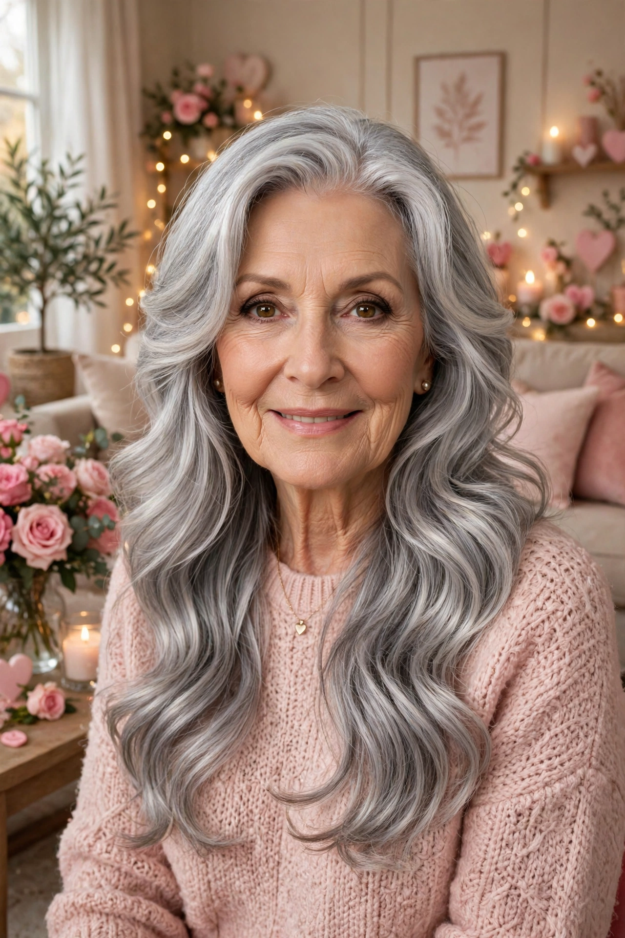 soft silver waves with face framing in smoky silver with high shine