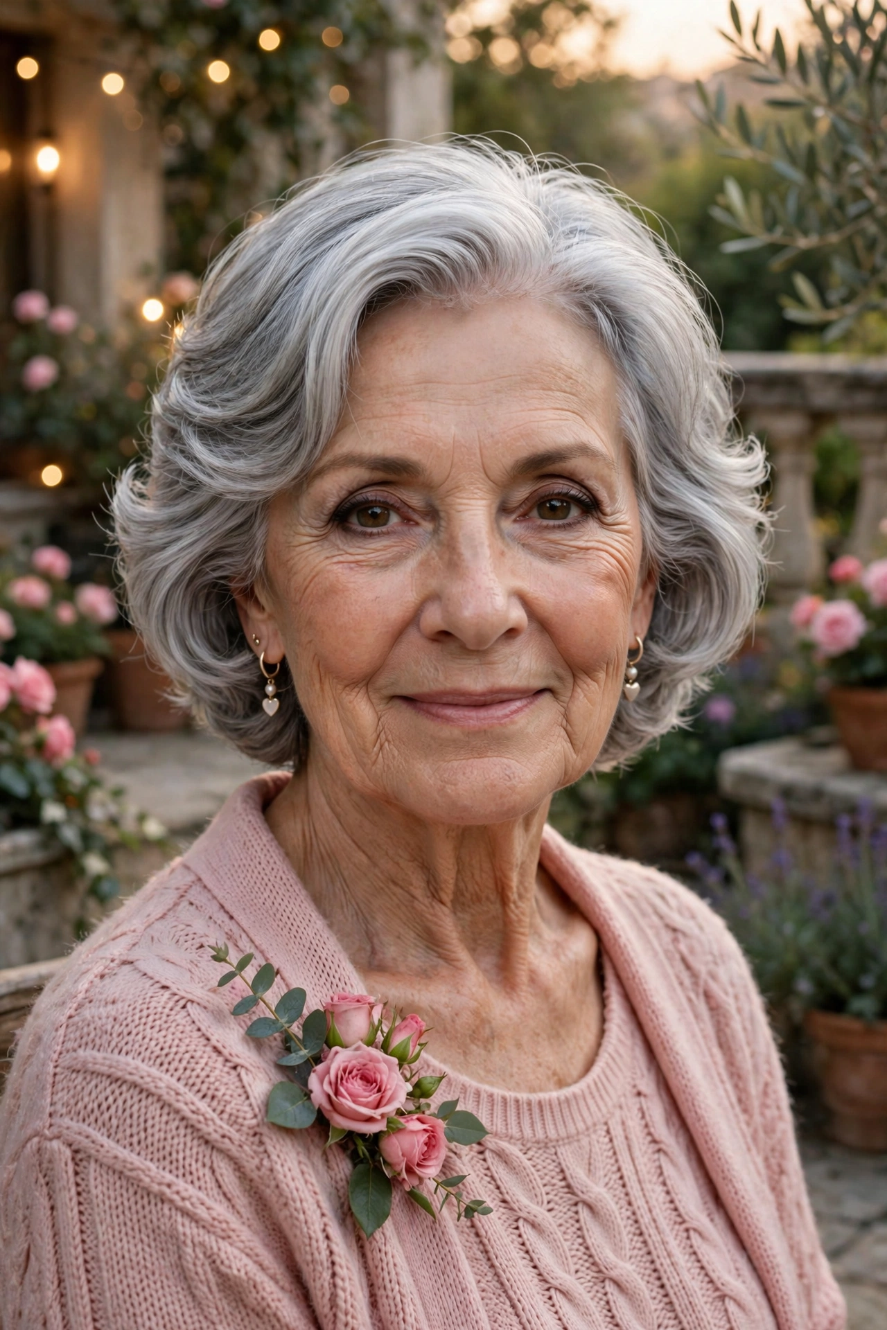 soft silver waves with a short cut in smoky silver with glossy finish