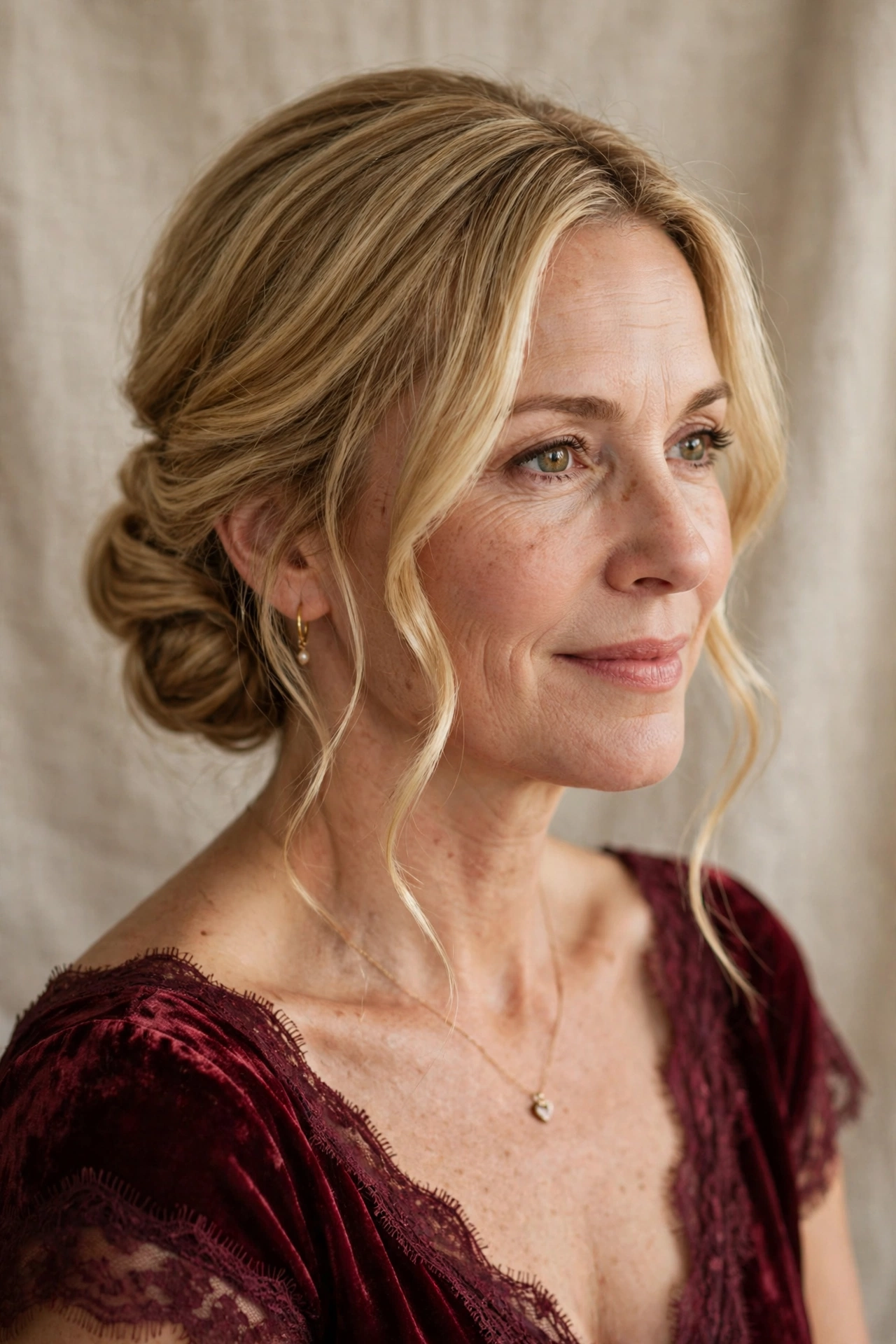 romantic low chignon in honey blonde with loose face-framing tendrils