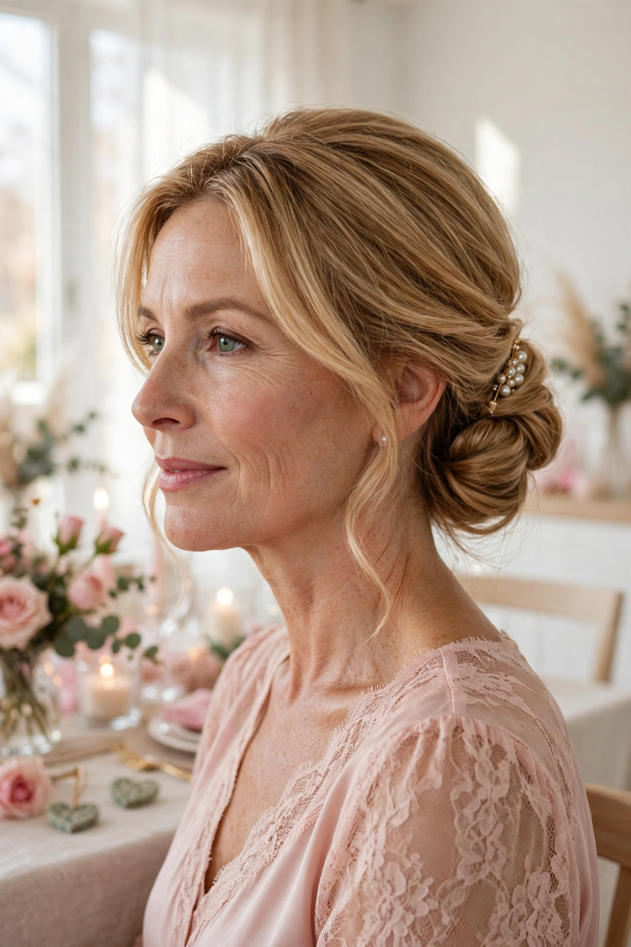 soft low chignon in honey blonde with a pearl pin