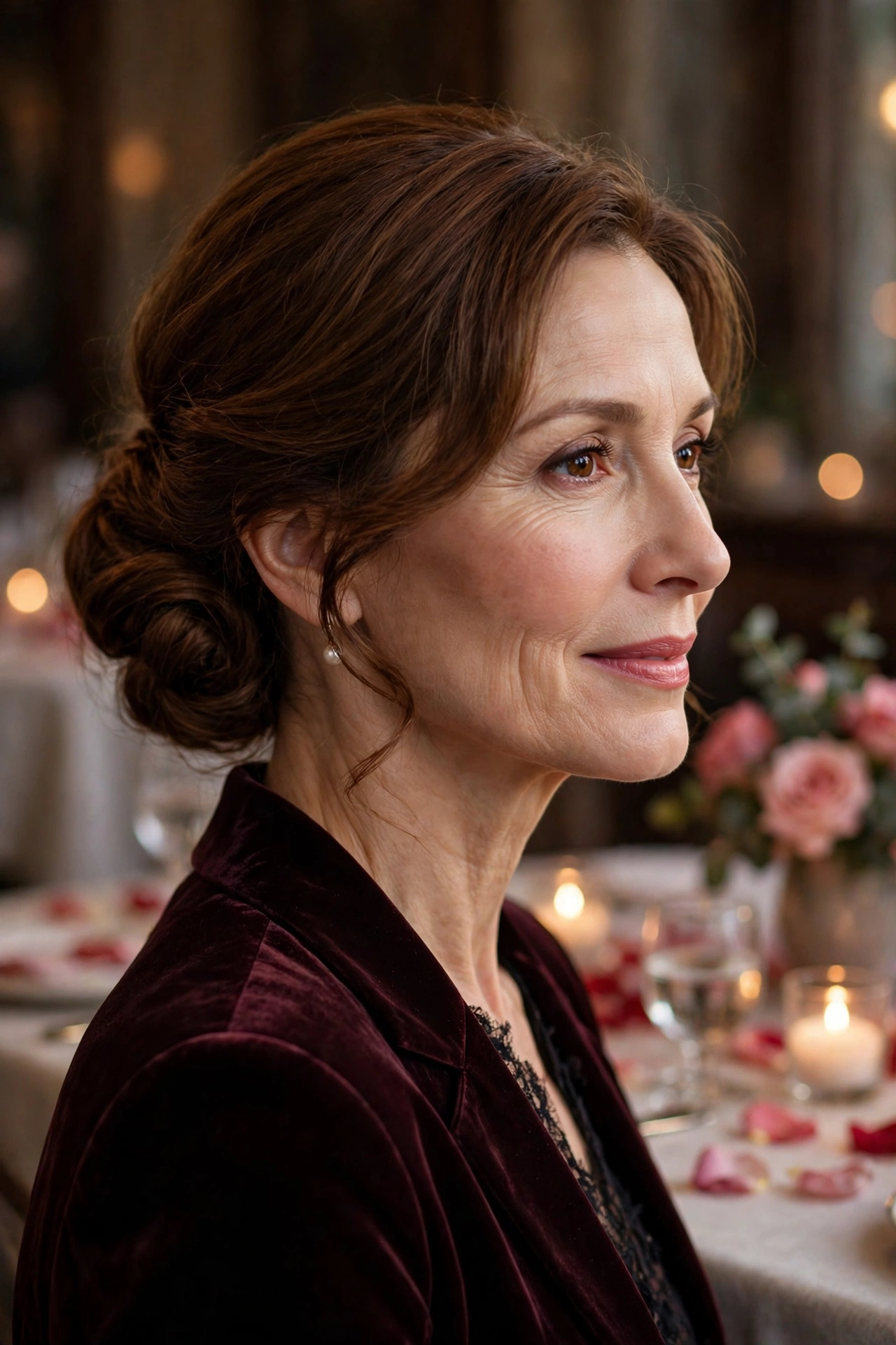 romantic low chignon in chestnut brown with dinner-date elegance