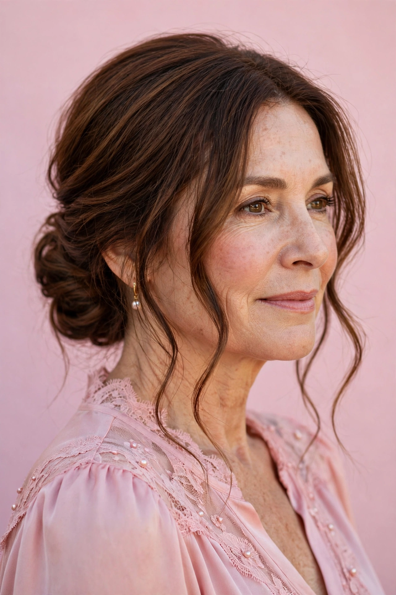soft low chignon in chestnut brown with loose face-framing tendrils