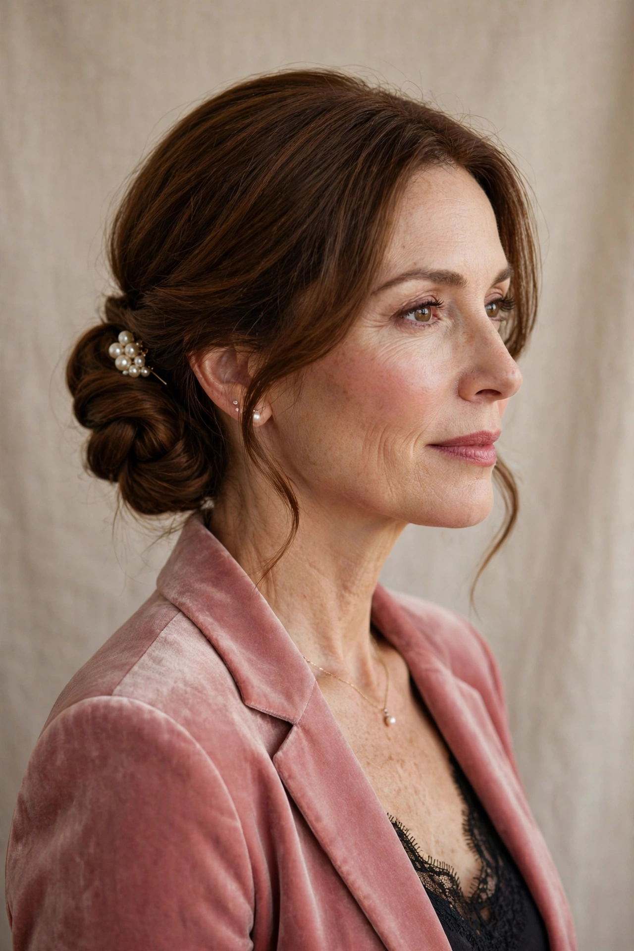 twisted low chignon in chestnut brown with a pearl pin
