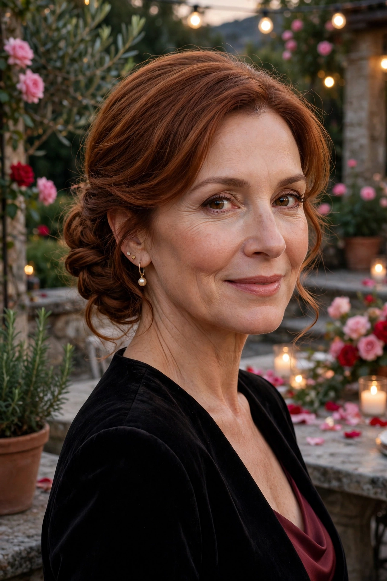 soft low chignon in warm auburn with dinner-date elegance