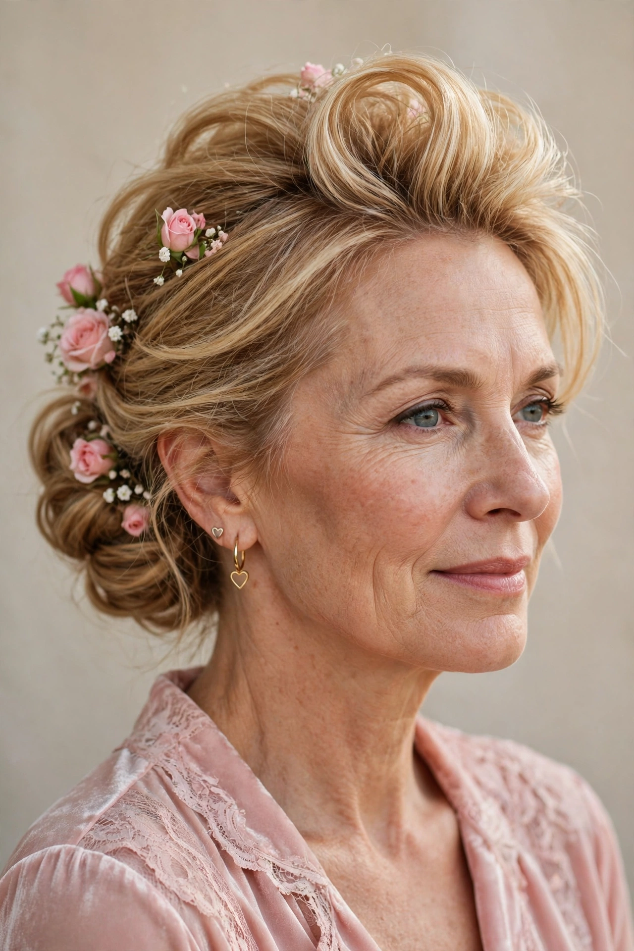 volumised low bun for fine hair in honey blonde with backcombed crown volume