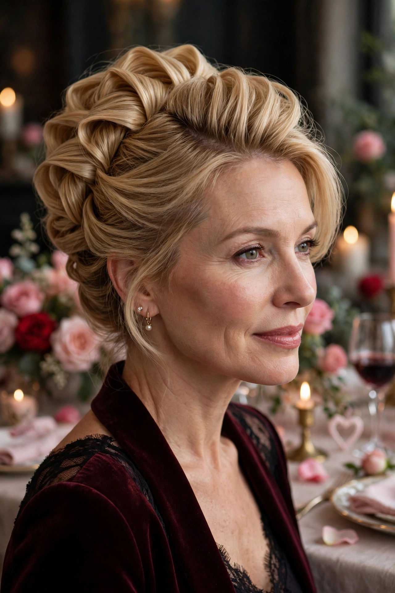 volumised pleated updo for fine hair in honey blonde with side part