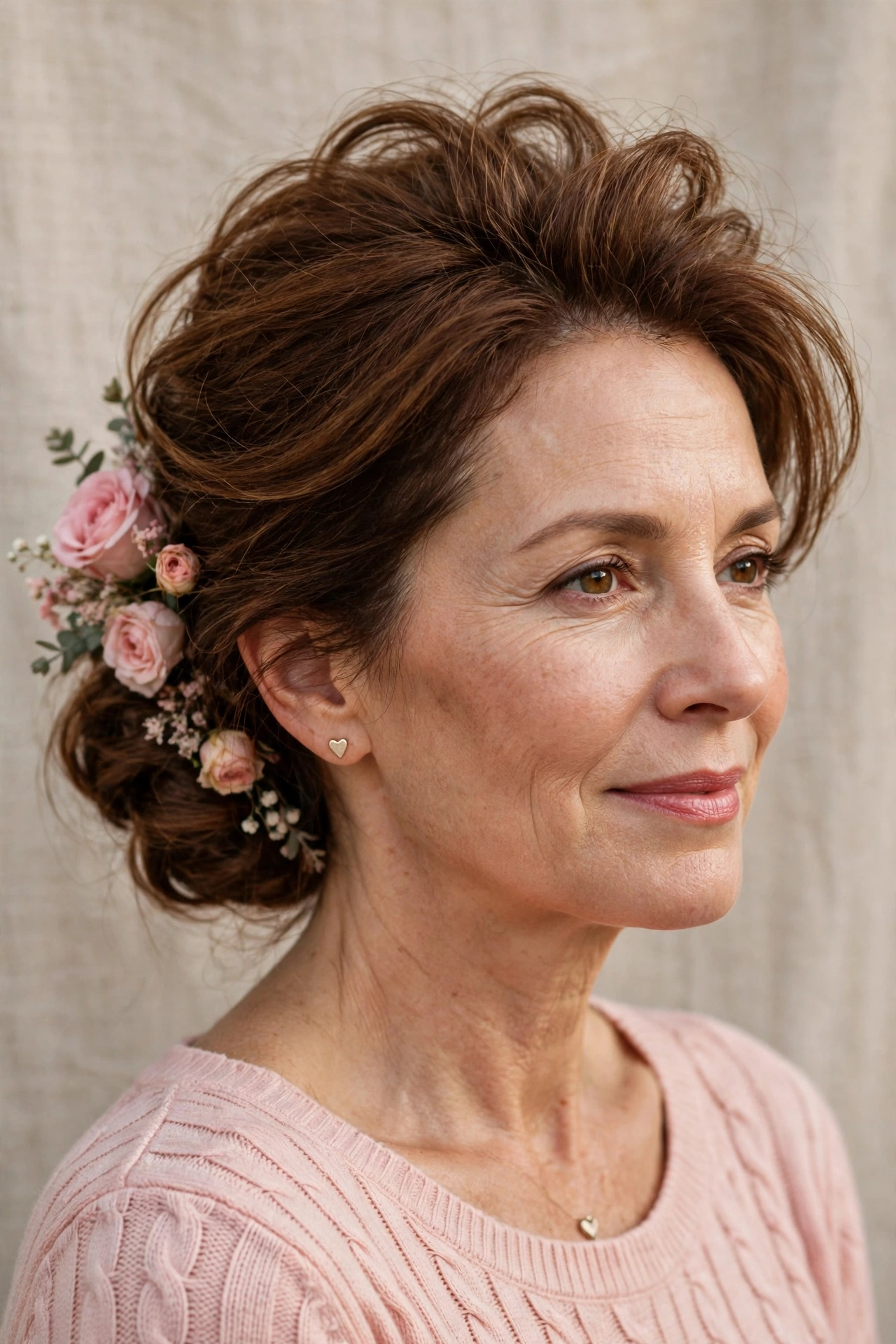 volumised low bun for fine hair in chestnut brown with backcombed crown volume