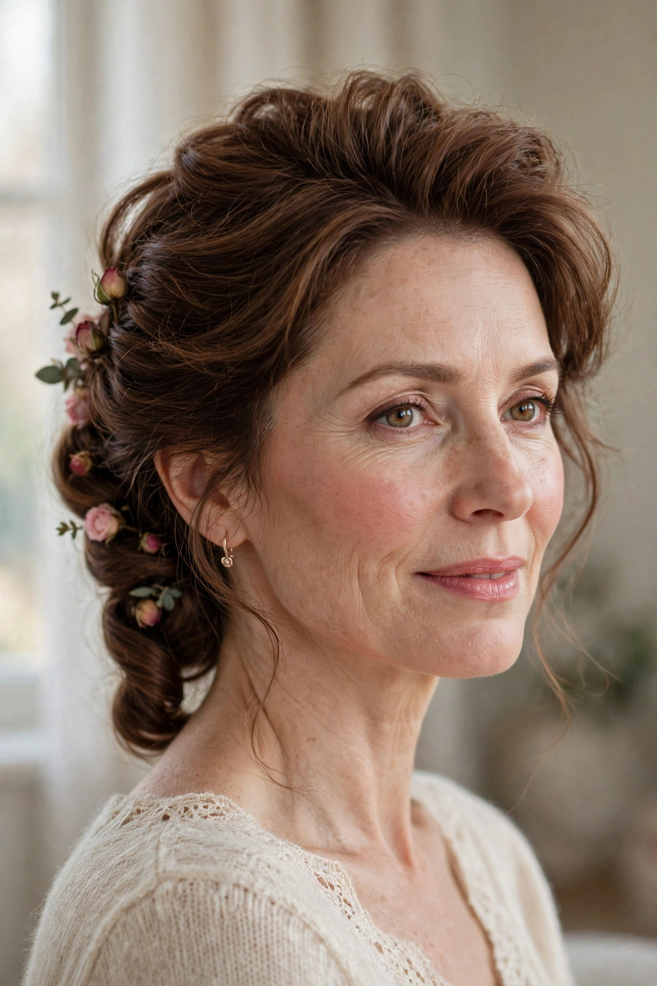 volumised French twist for fine hair in chestnut brown with soft teasing
