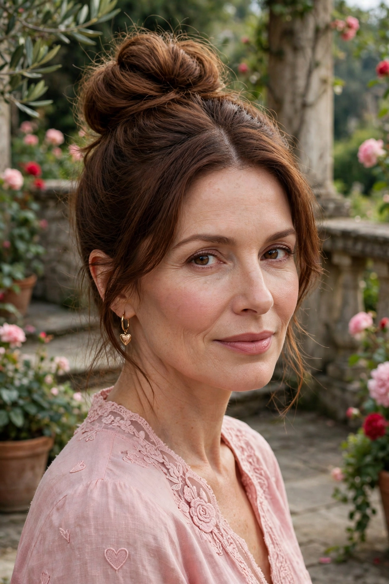 volumised top knot for fine hair in chestnut brown with centre part