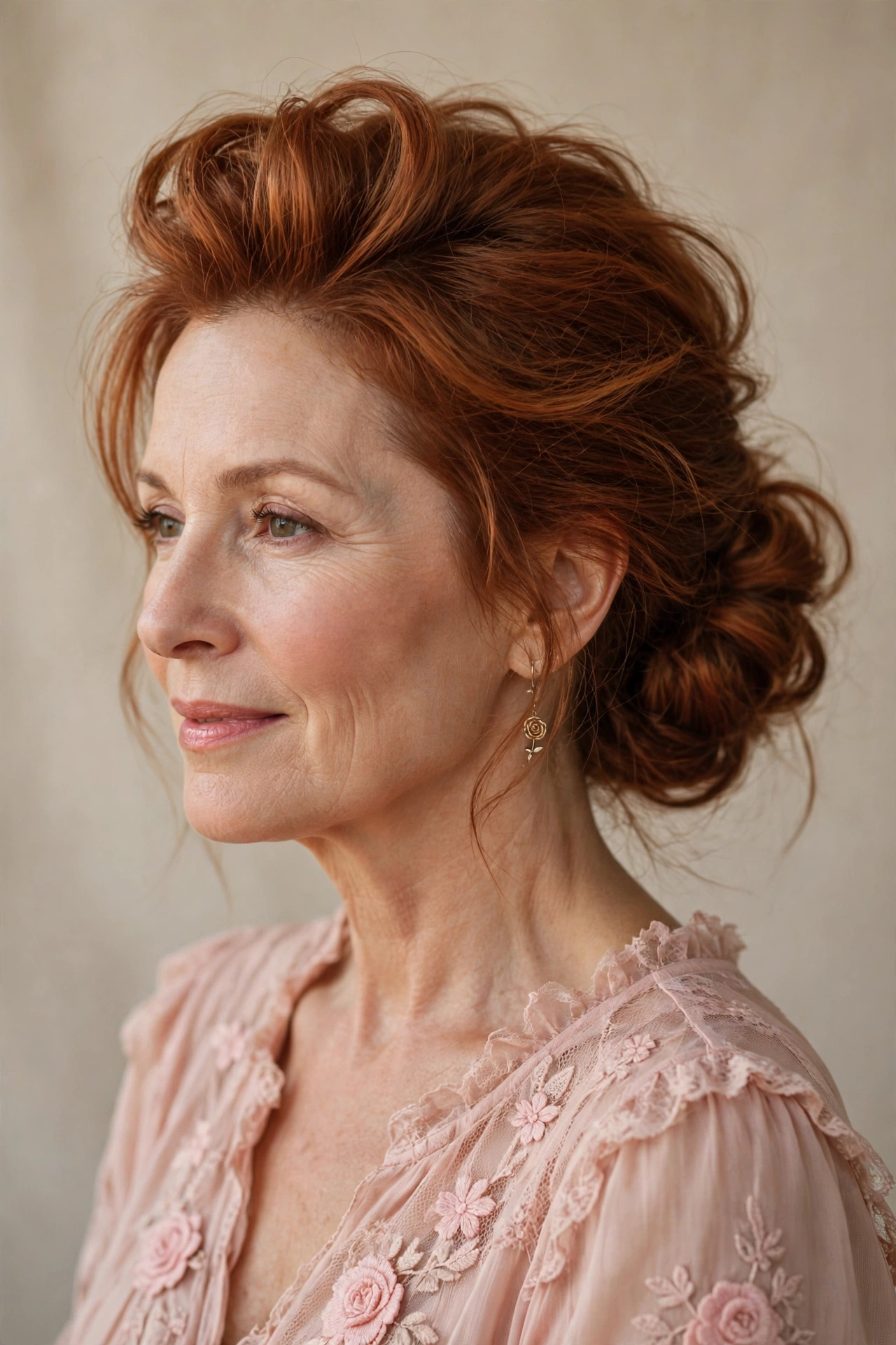 volumised low bun for fine hair in warm auburn with backcombed crown volume