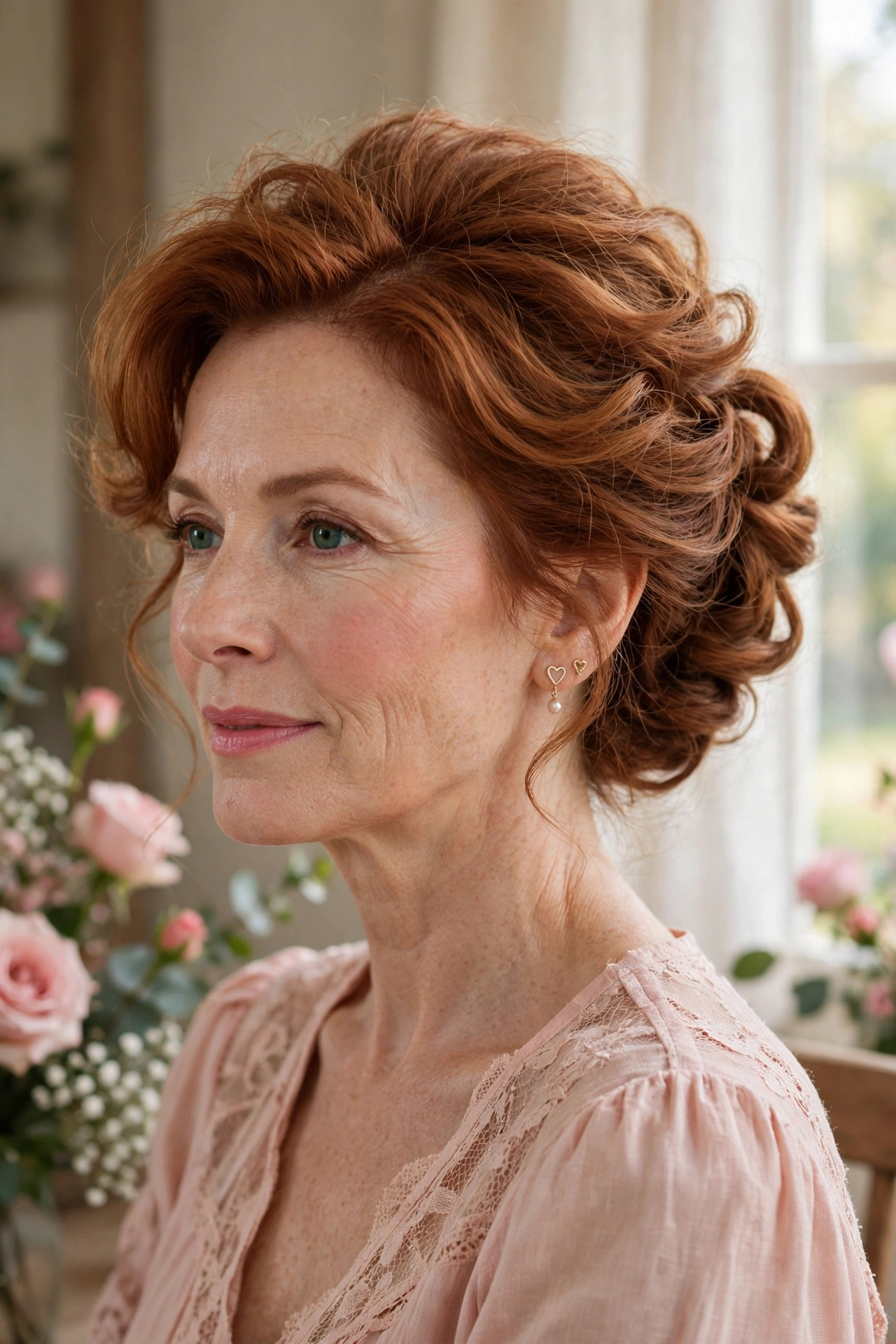 volumised French twist for fine hair in warm auburn with soft teasing