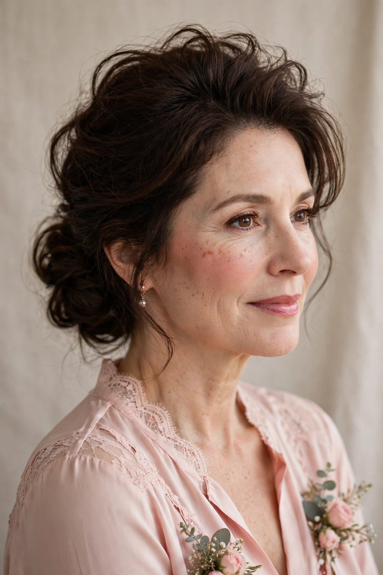 volumised low bun for fine hair in dark chocolate brown with backcombed crown volume