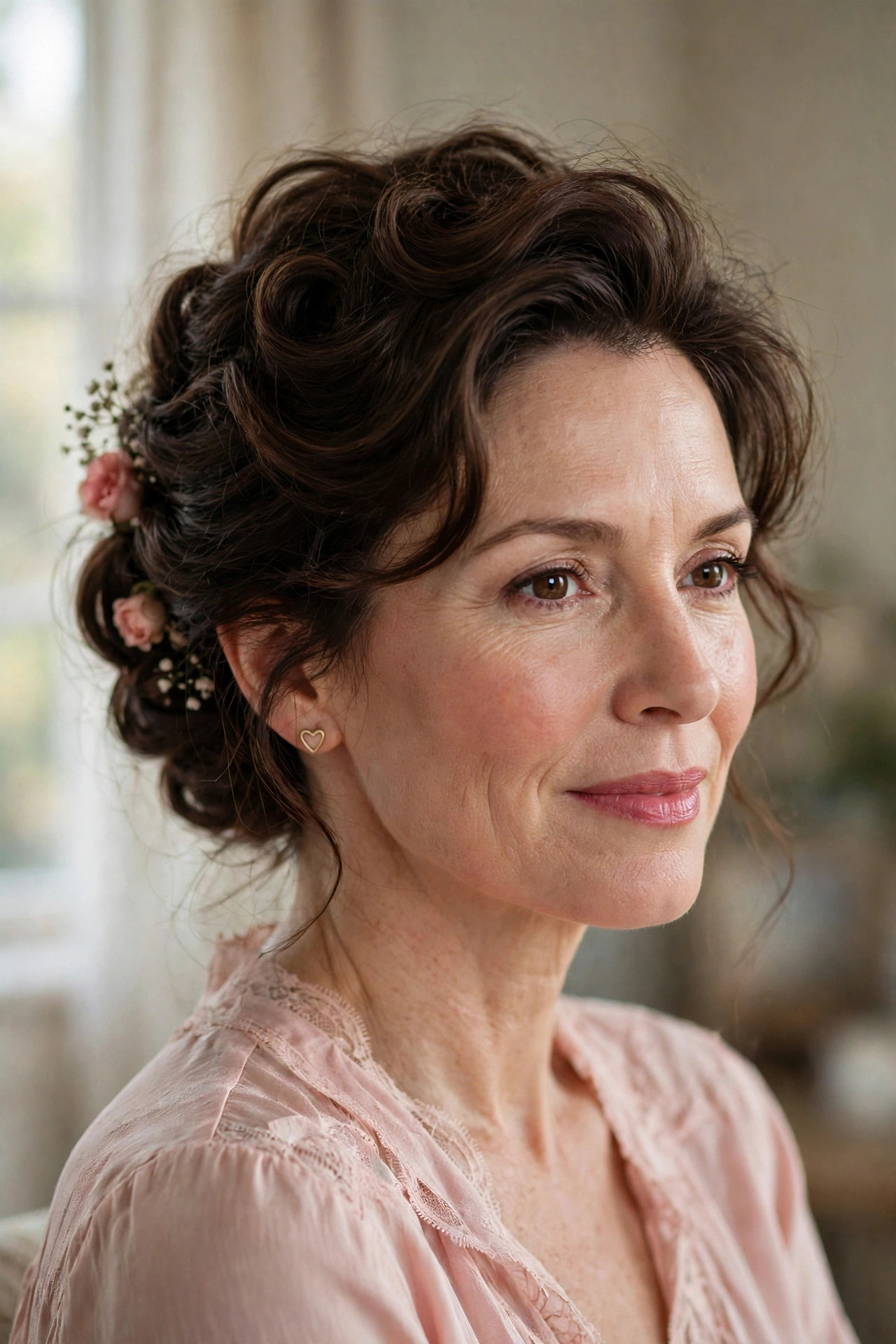volumised French twist for fine hair in dark chocolate brown with soft teasing