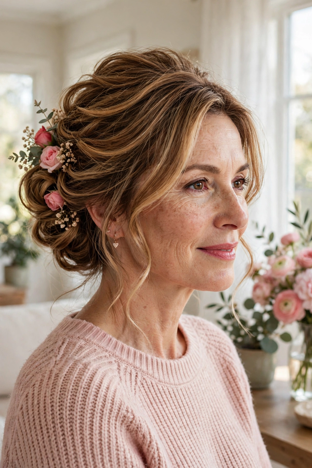 volumised chignon for fine hair in caramel balayage with texturising volume