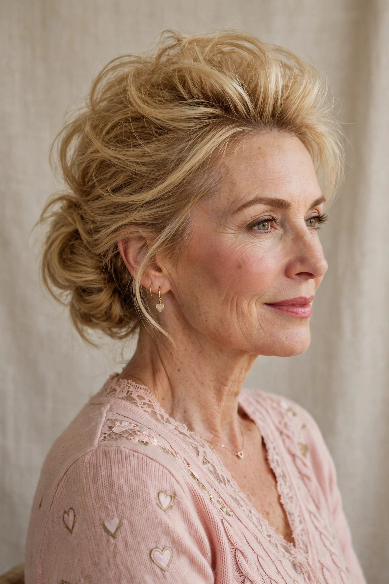 volumised low bun for fine hair in golden blonde with backcombed crown volume