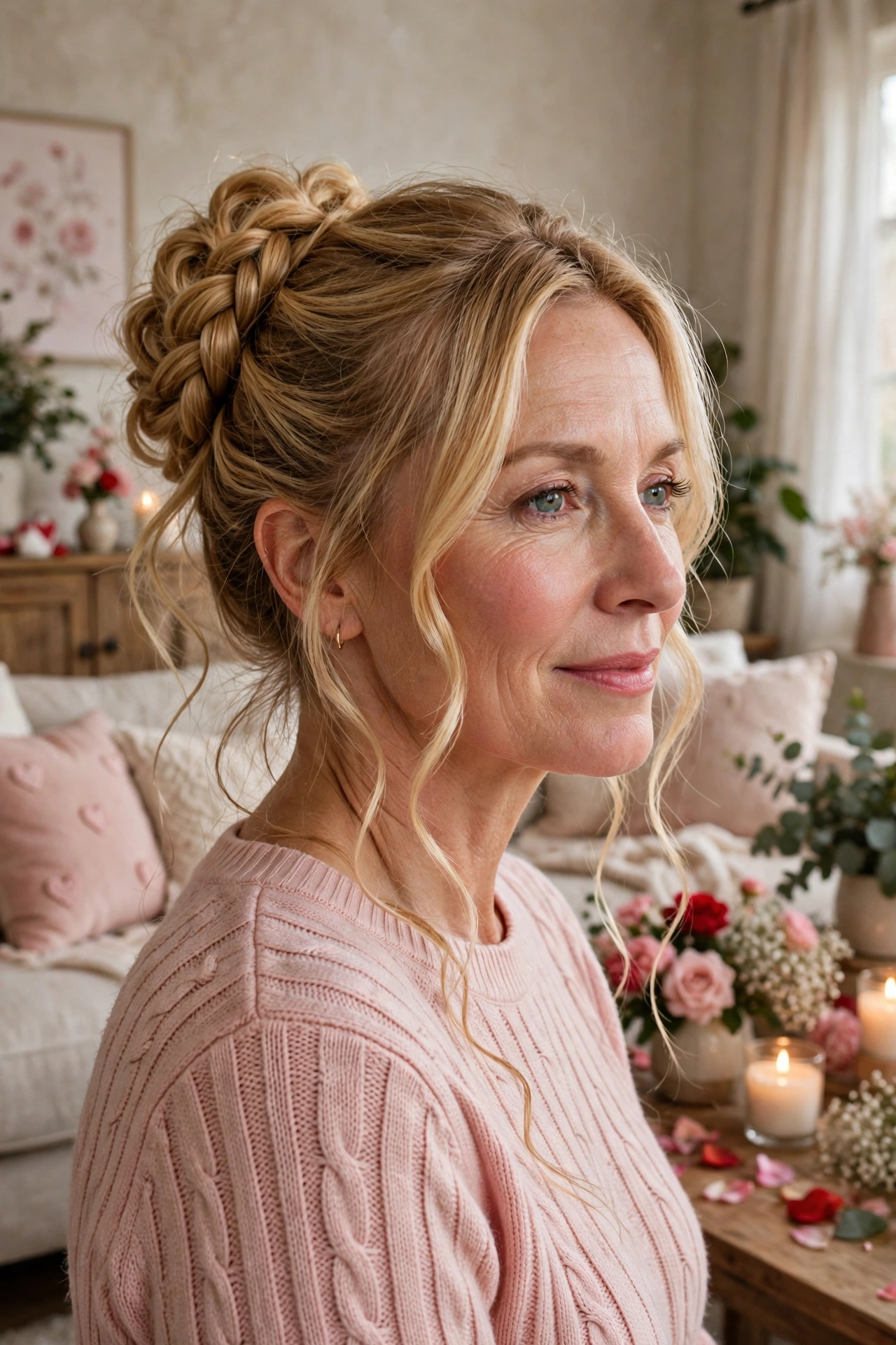 volumised braided bun for fine hair in golden blonde with loose tendrils