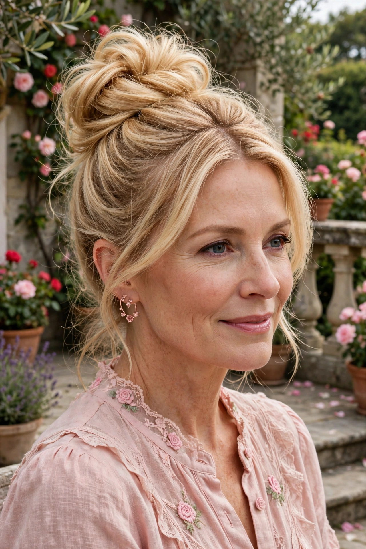 volumised top knot for fine hair in golden blonde with centre part