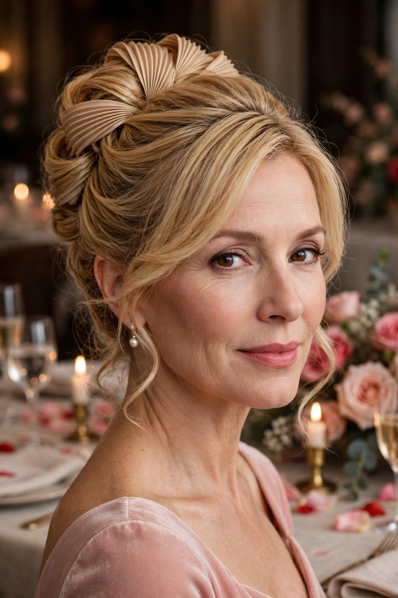 volumised pleated updo for fine hair in golden blonde with side part