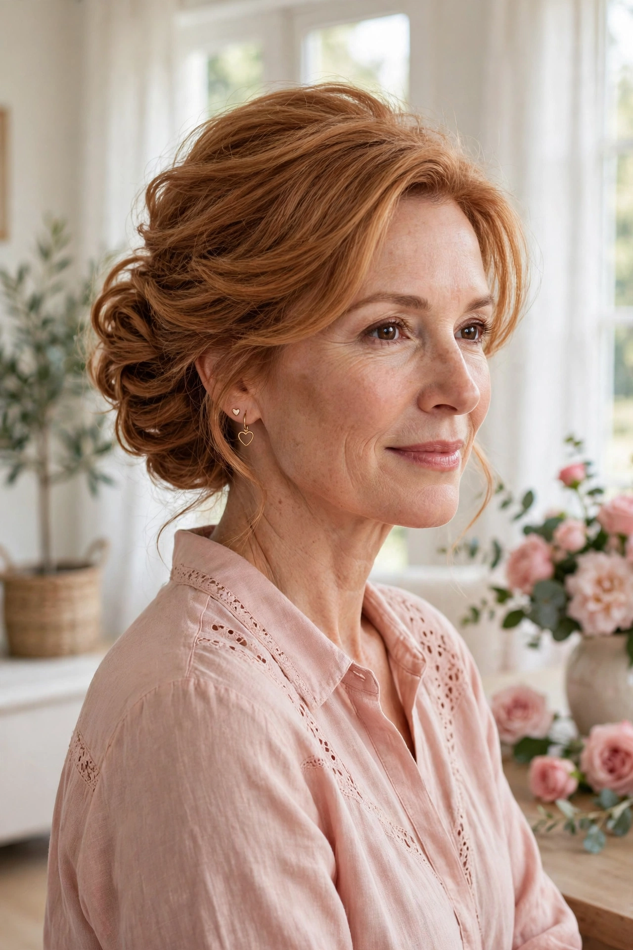 volumised chignon for fine hair in soft copper with texturising volume