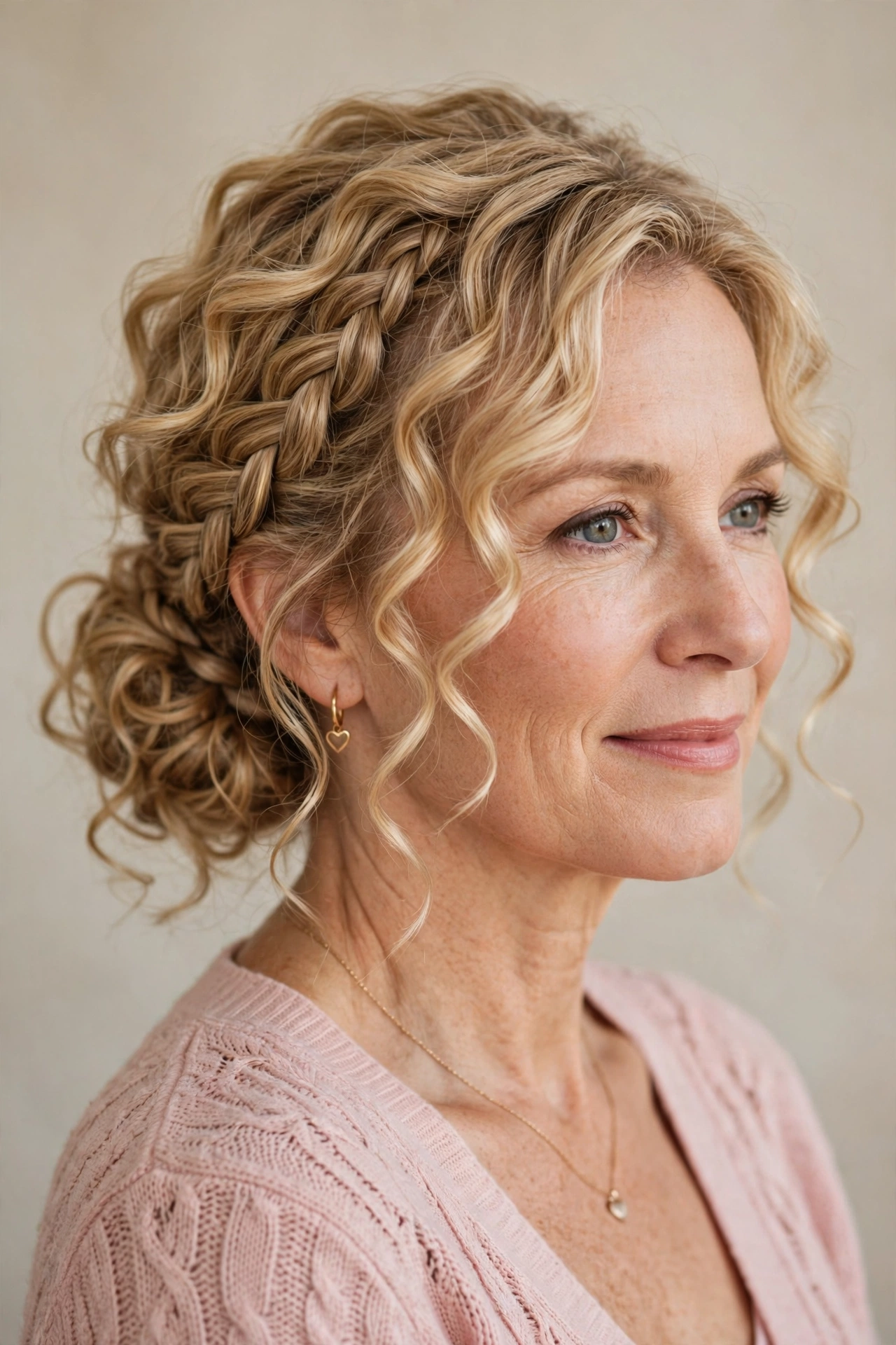 loose curls with a side braid into a low bun in honey blonde with soft curl texture