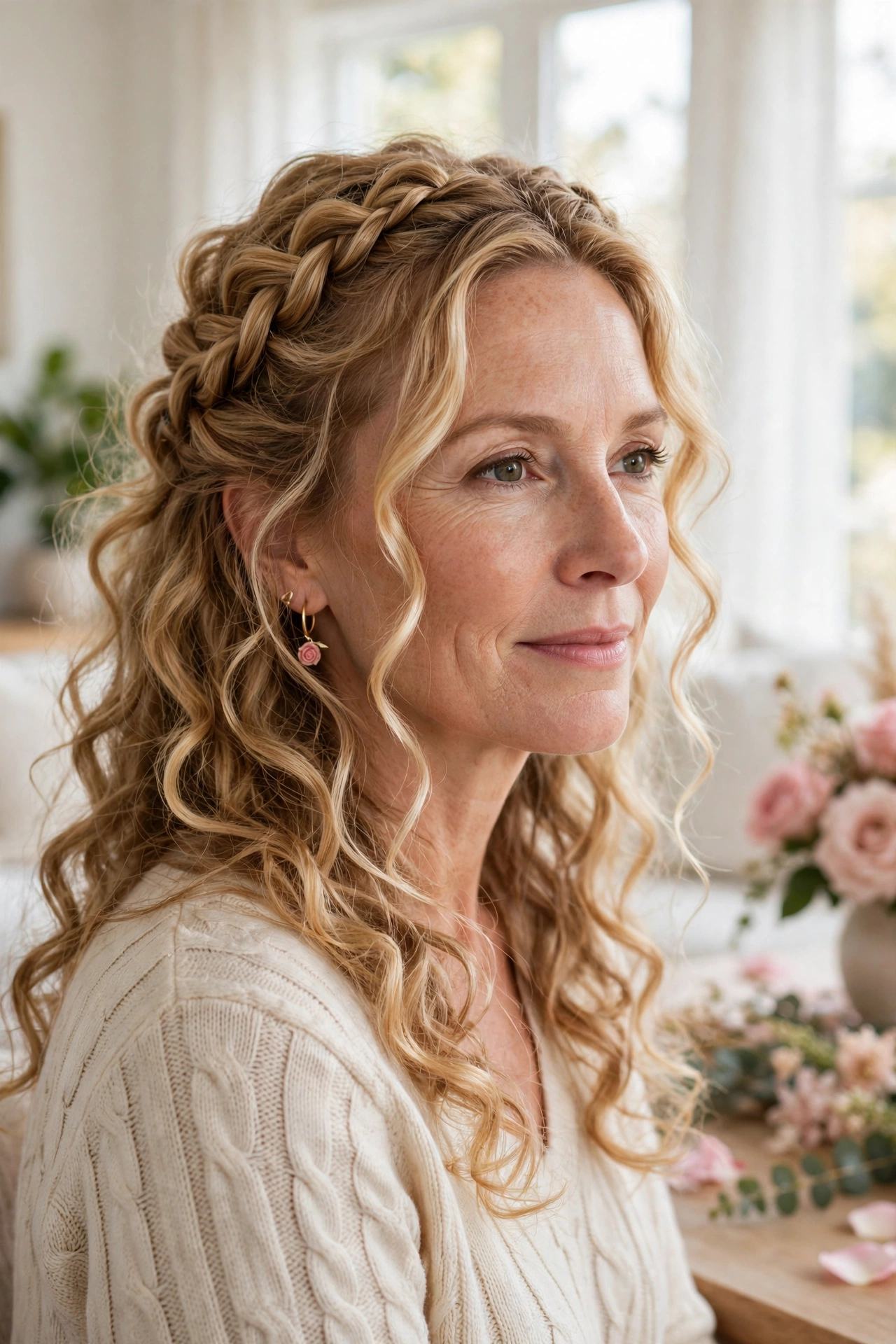 loose curls with a crown braid in honey blonde with loose tendrils
