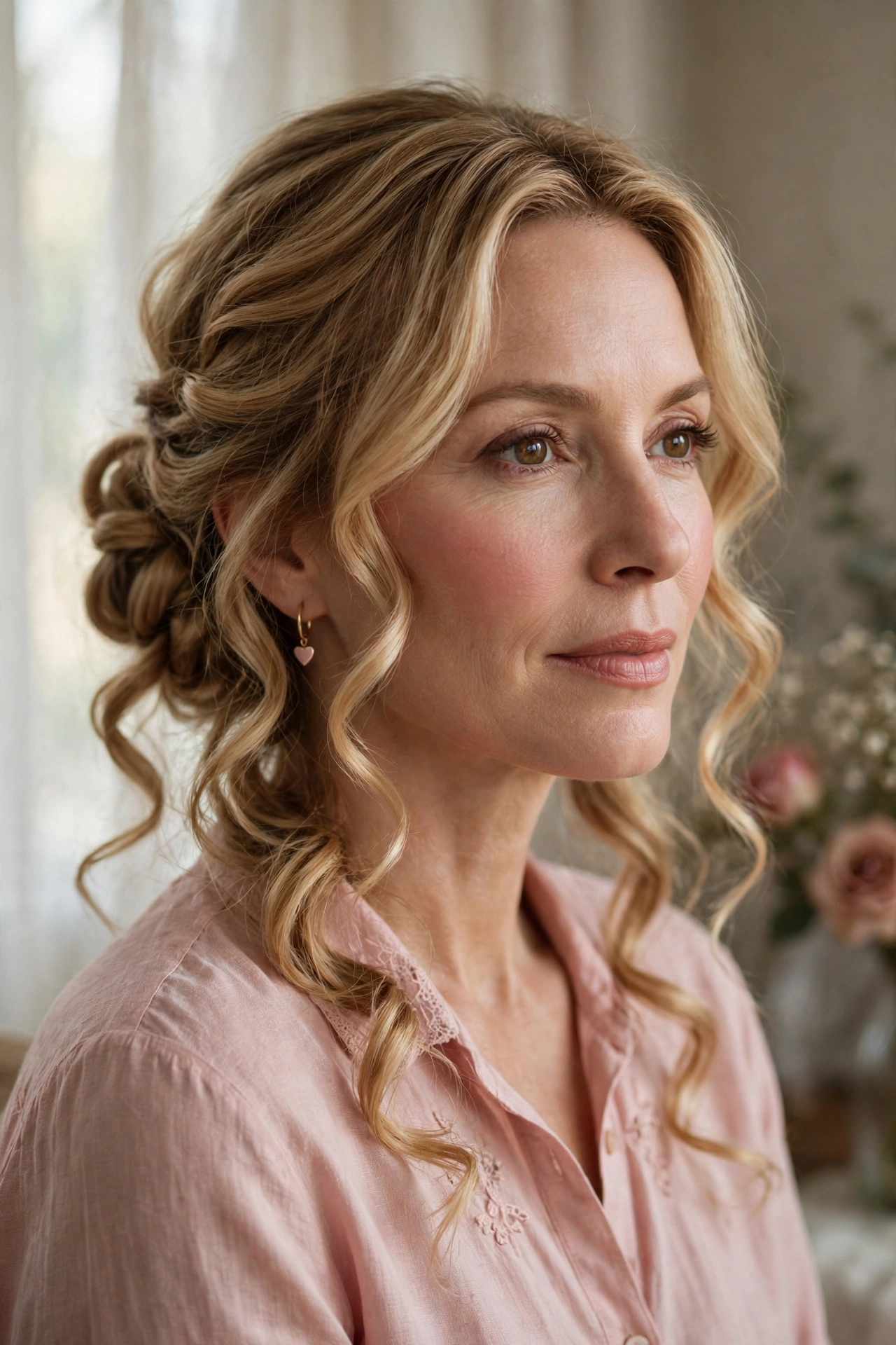 loose curls with a twisted braid bun in honey blonde with romantic finish